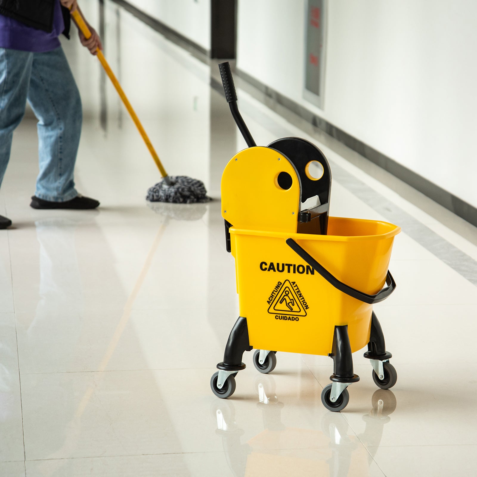 HOMCOM 26L Mop Bucket & Water Wringer w/ 4 Wheels Plastic Body Metal Handle Pole Holder Home Commercial Cleaning Floor Cart Yellow - North Peak Garden Furniture