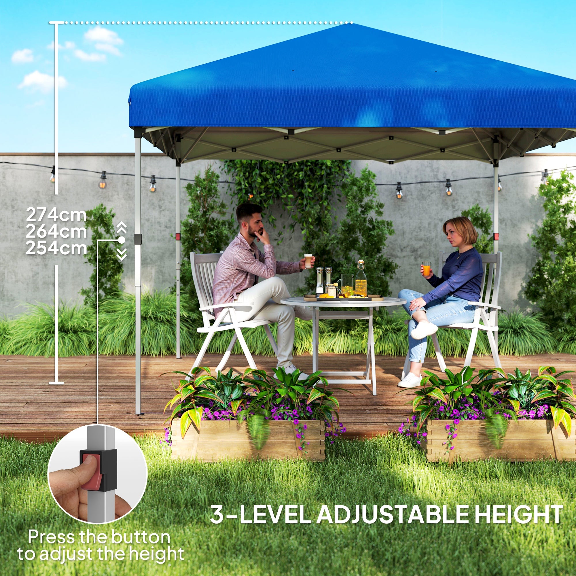 Outsunny 3 x 3 (M) Pop Up Gazebo, UPF 30+ with 2 Sidewalls, Leg Weight Bags and Wheeled Bag, Height Adjustable Party Tent Event Shelter for Garden, Patio, Blue - North Peak Garden Furniture