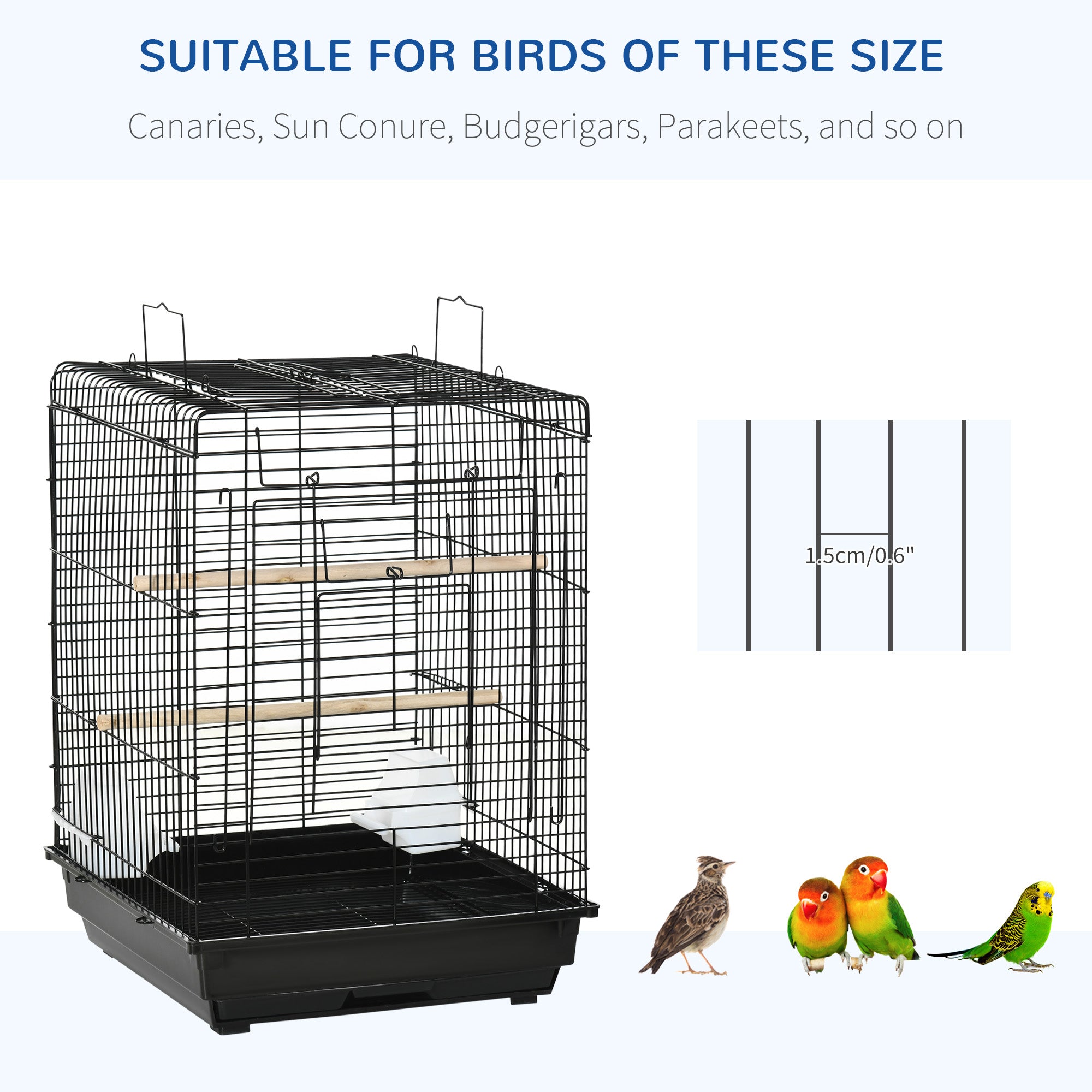 PawHut Steel Bird Cage with Openable Top, Stand, Tray, Handles, Feeding Bowls for Parakeet, Finch - Black - North Peak Garden Furniture