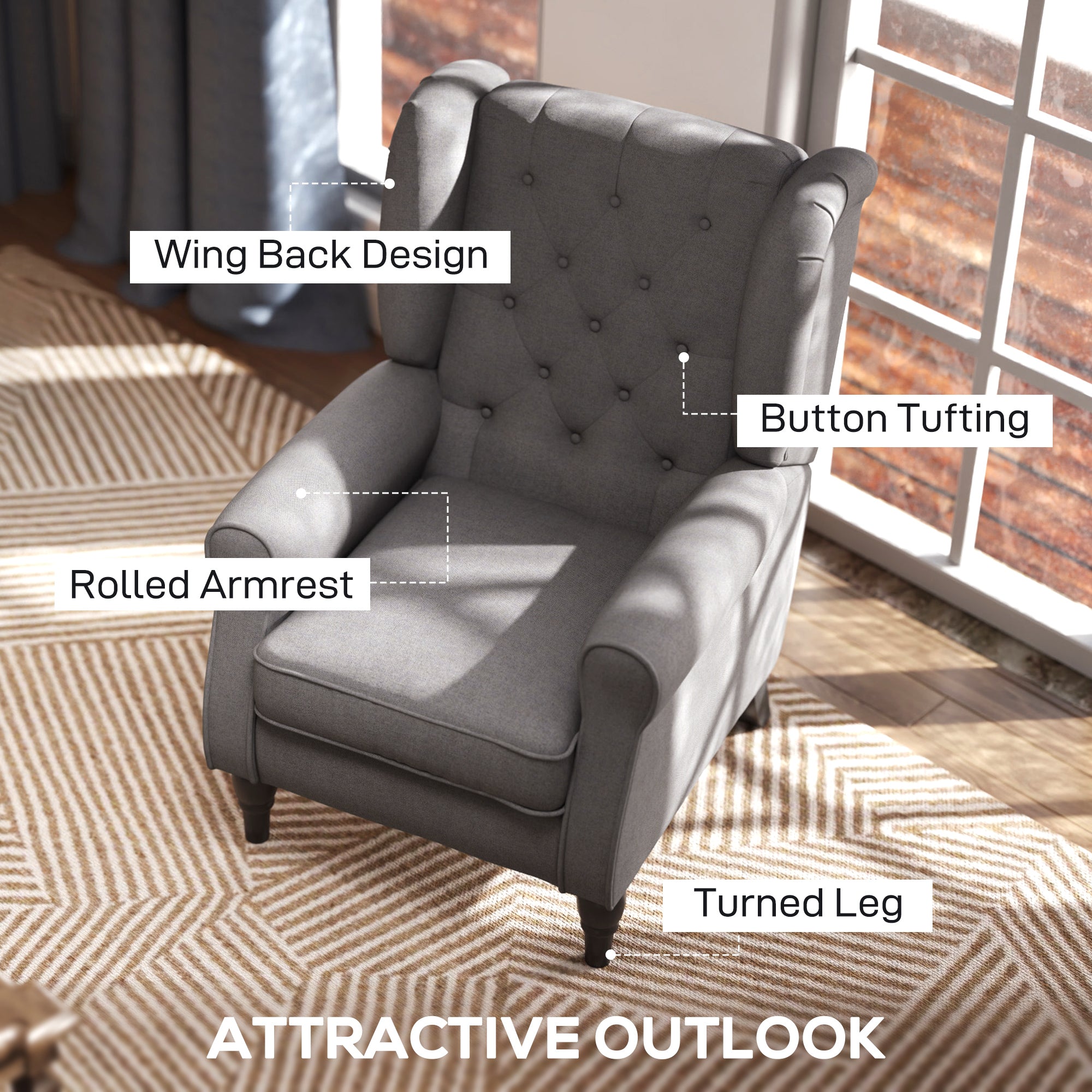 HOMCOM Retro Accent Chair, Wingback Armchair with Wood Frame Button Tufted Design for Living Room Bedroom, Dark Grey - North Peak Garden Furniture