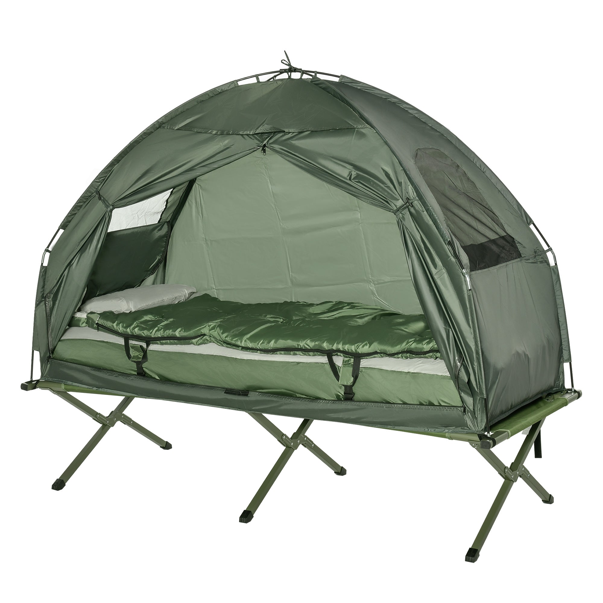 Outsunny 1 person Foldable Camping Tent w/Sleeping Bag Air Mattress Outdoor Hiking Picnic Bed cot w/Foot Pump