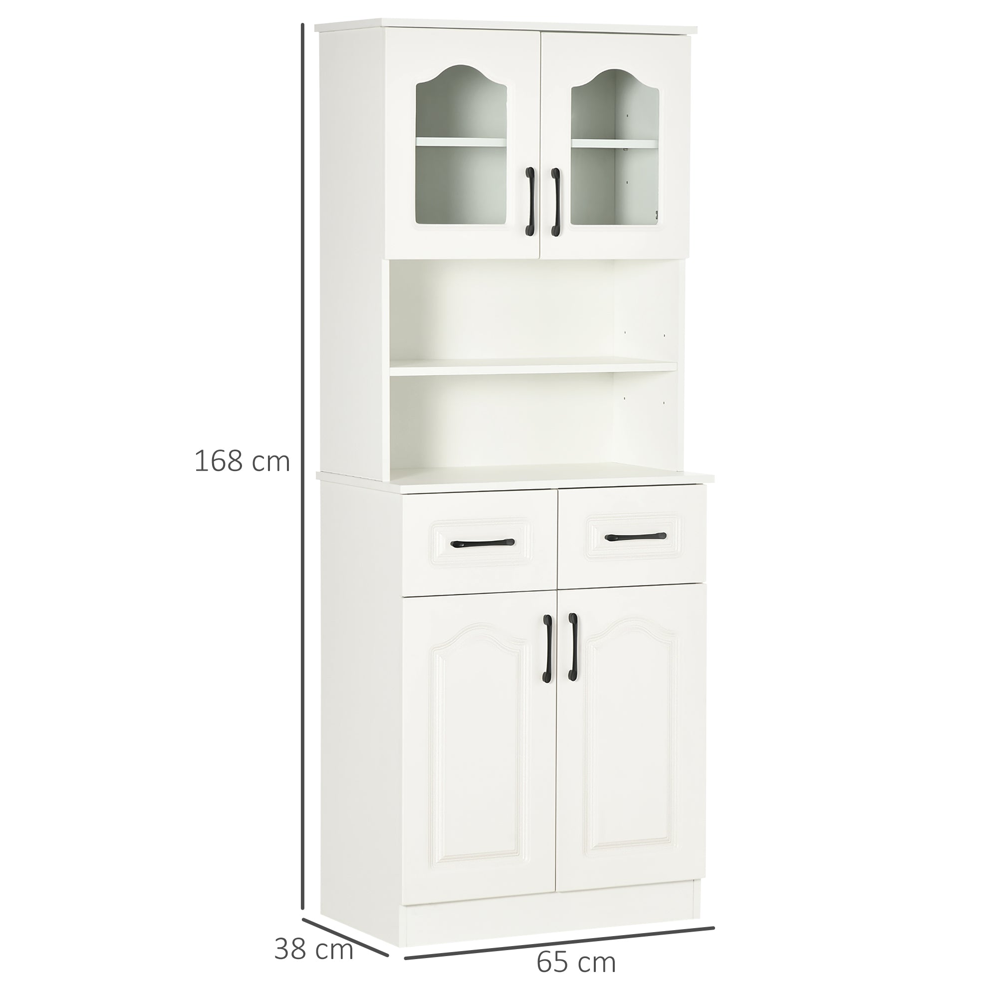 HOMCOM Kitchen Cupboard, Freestanding Storage Cabinet with 2 Adjustable Shelves, 2 Drawers and Open Counter for Living Room, Dining Room, 168cm, White - North Peak Garden Furniture