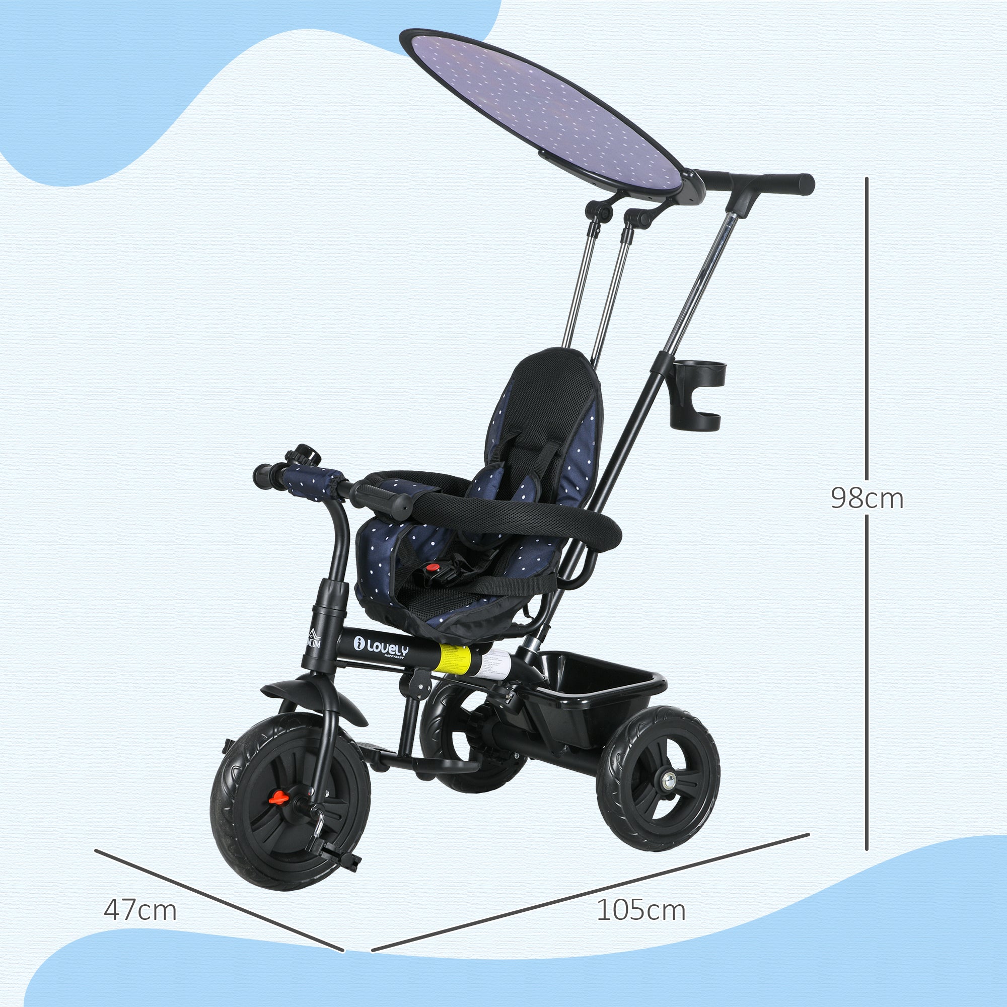 HOMCOM 6 in 1 Tricycle for Kids with 5-point harness straps, Removable Canopy, Dark Blue - North Peak Garden Furniture