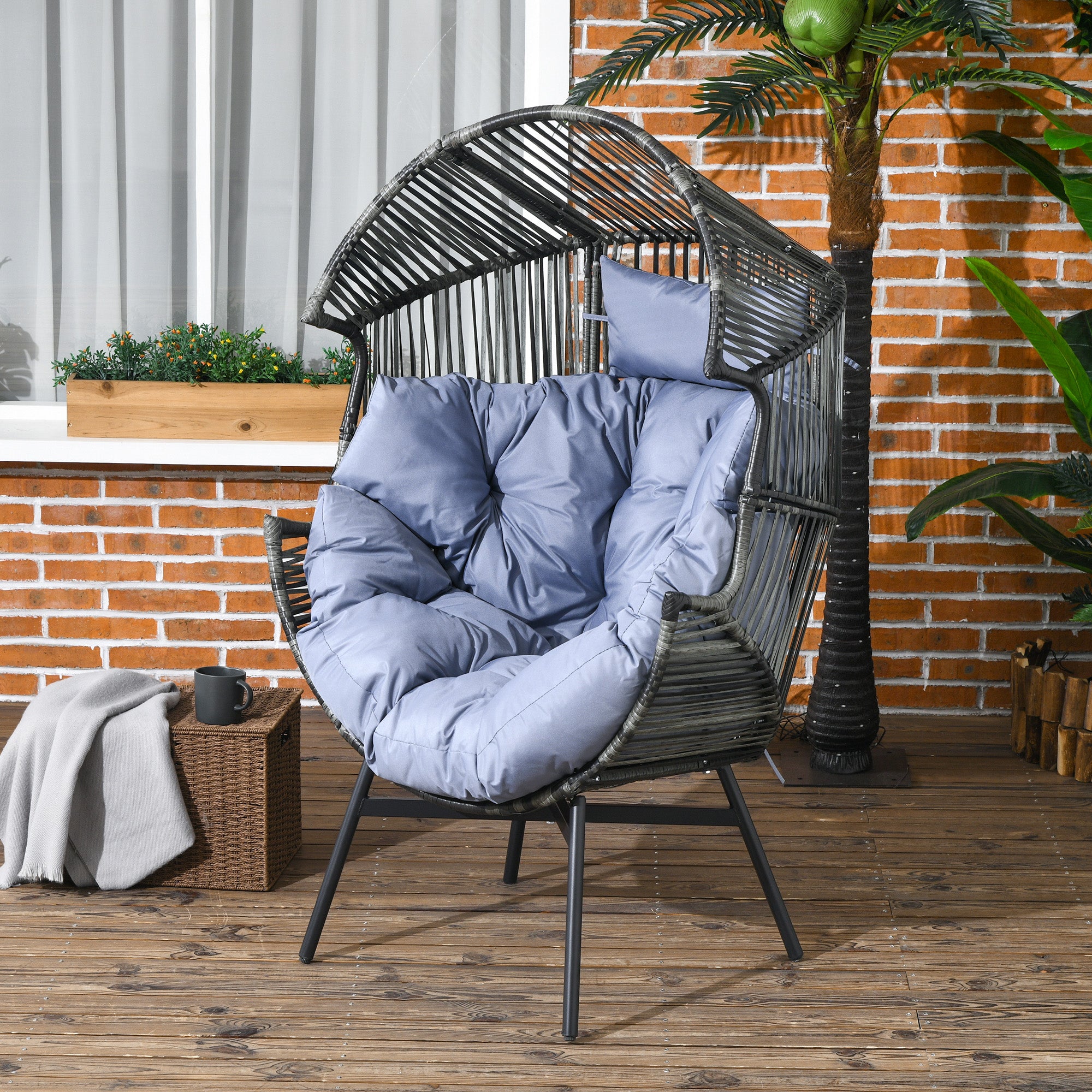 Outsunny String Rattan Egg Chair, with Padded Seat Cushion - Grey/Black - North Peak Garden Furniture