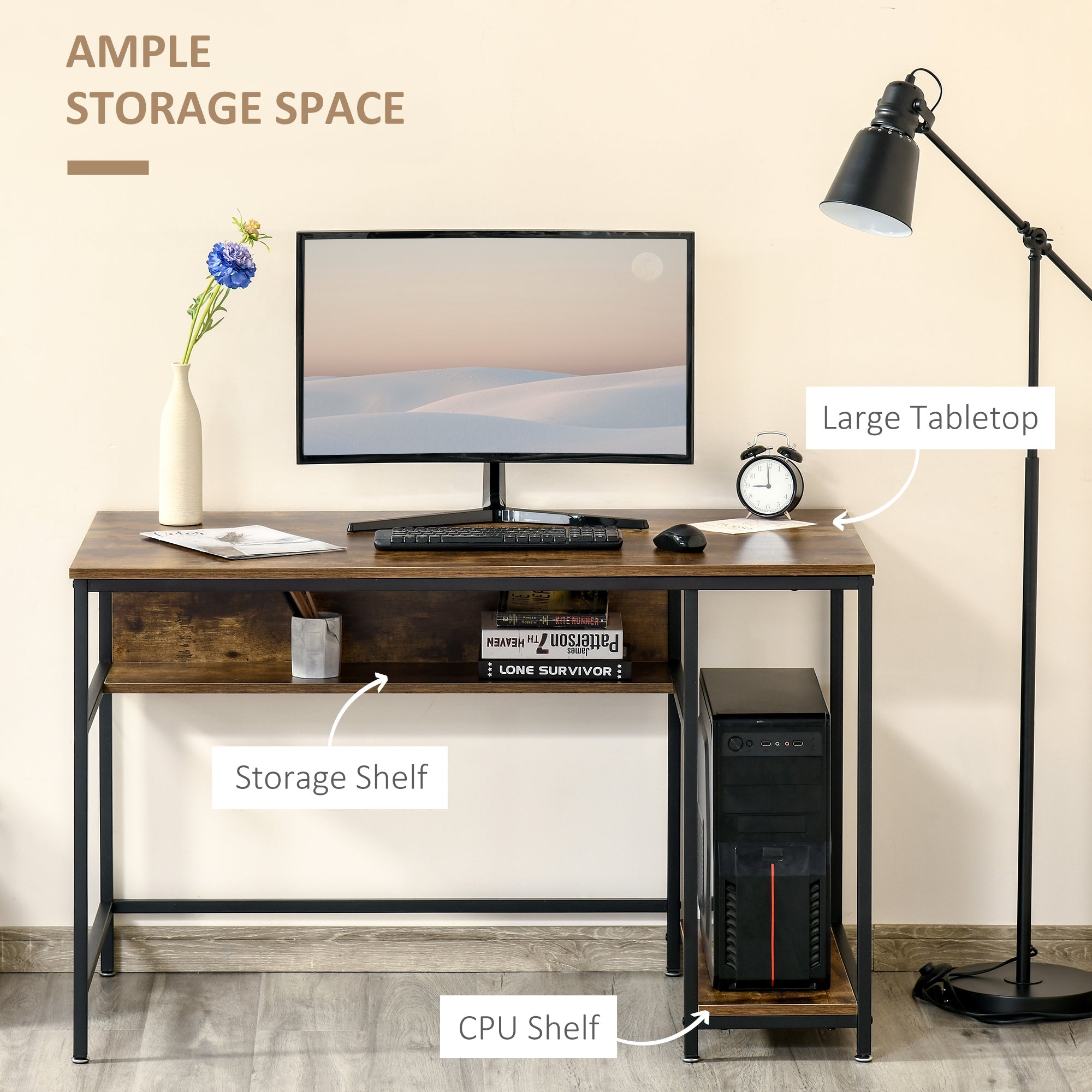HOMCOM Computer Desk with Storage, 120 x 60cm Home Office Desk with 2 Shelves and Steel Frame, Writing Table for Living Room, Study, Rustic Brown - North Peak Garden Furniture