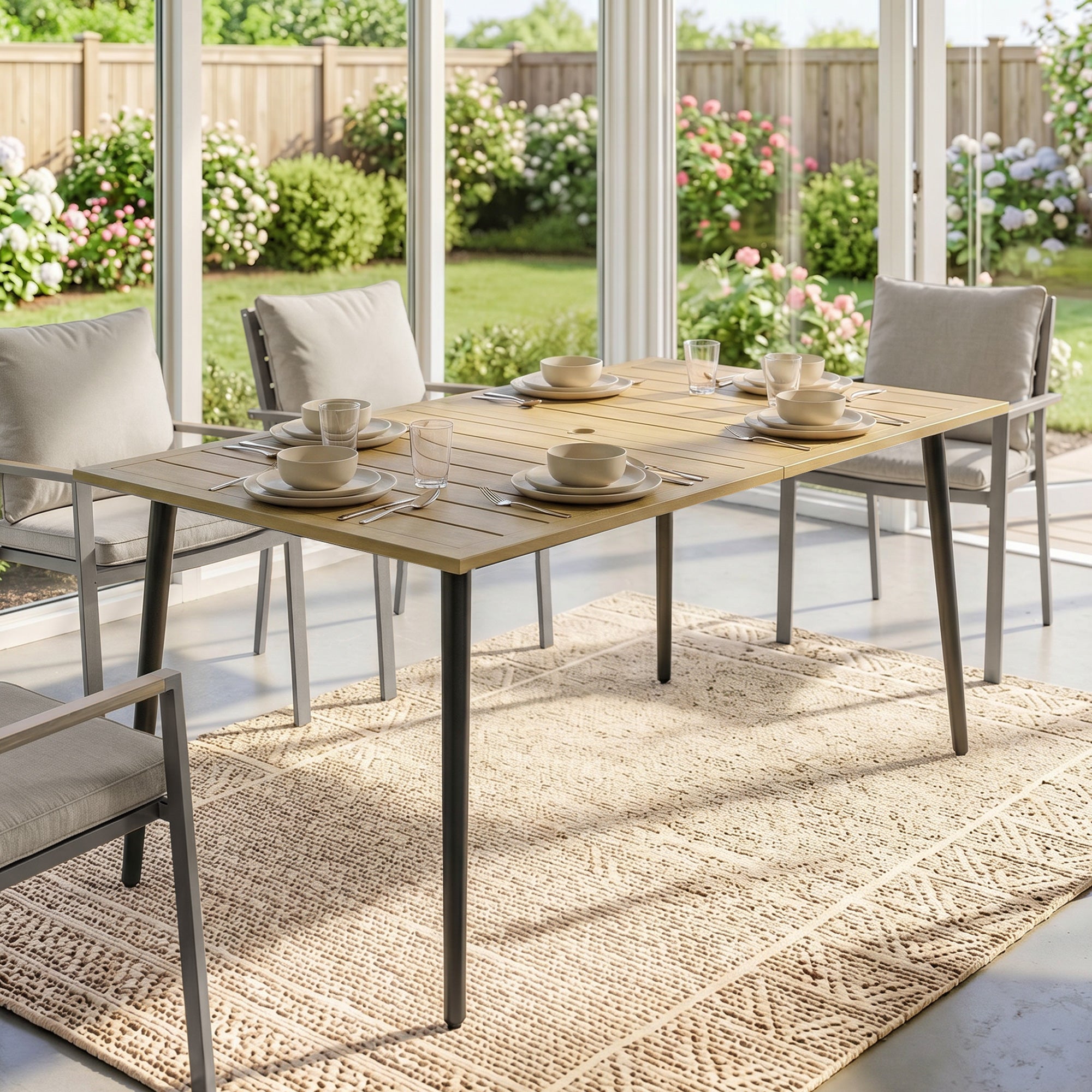 Outsunny Garden Dining Table for 6 Person, Rectangle Outdoor Coffee Table with 5 cm Parasol Hole, Slatted Tabletop and Steel Frame for Patio Balcony, Brown