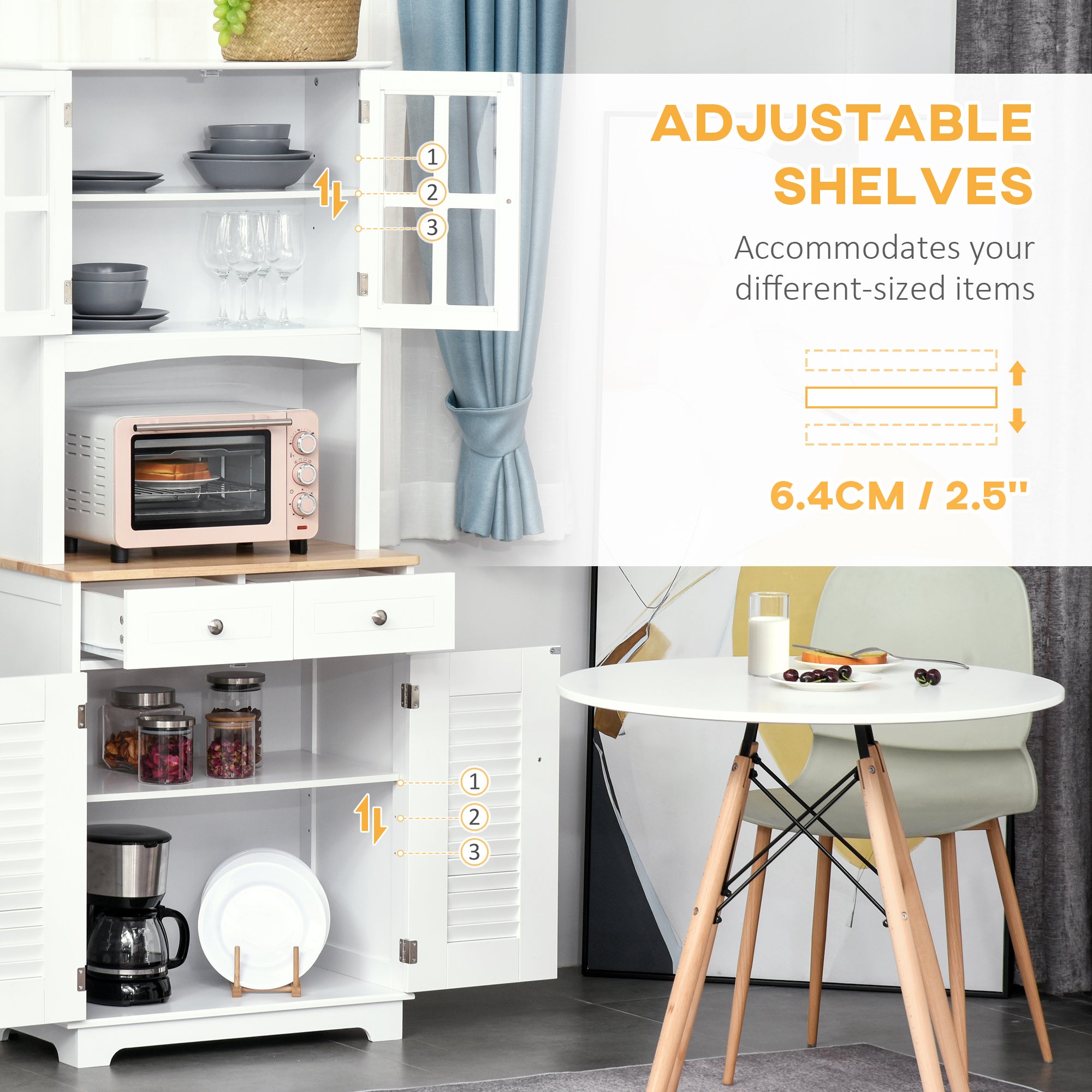 HOMCOM Modern Kitchen Cupboard, Louvered Kitchen Storage Cabinet with Framed Glass Doors and 2 Drawers, White - North Peak Garden Furniture