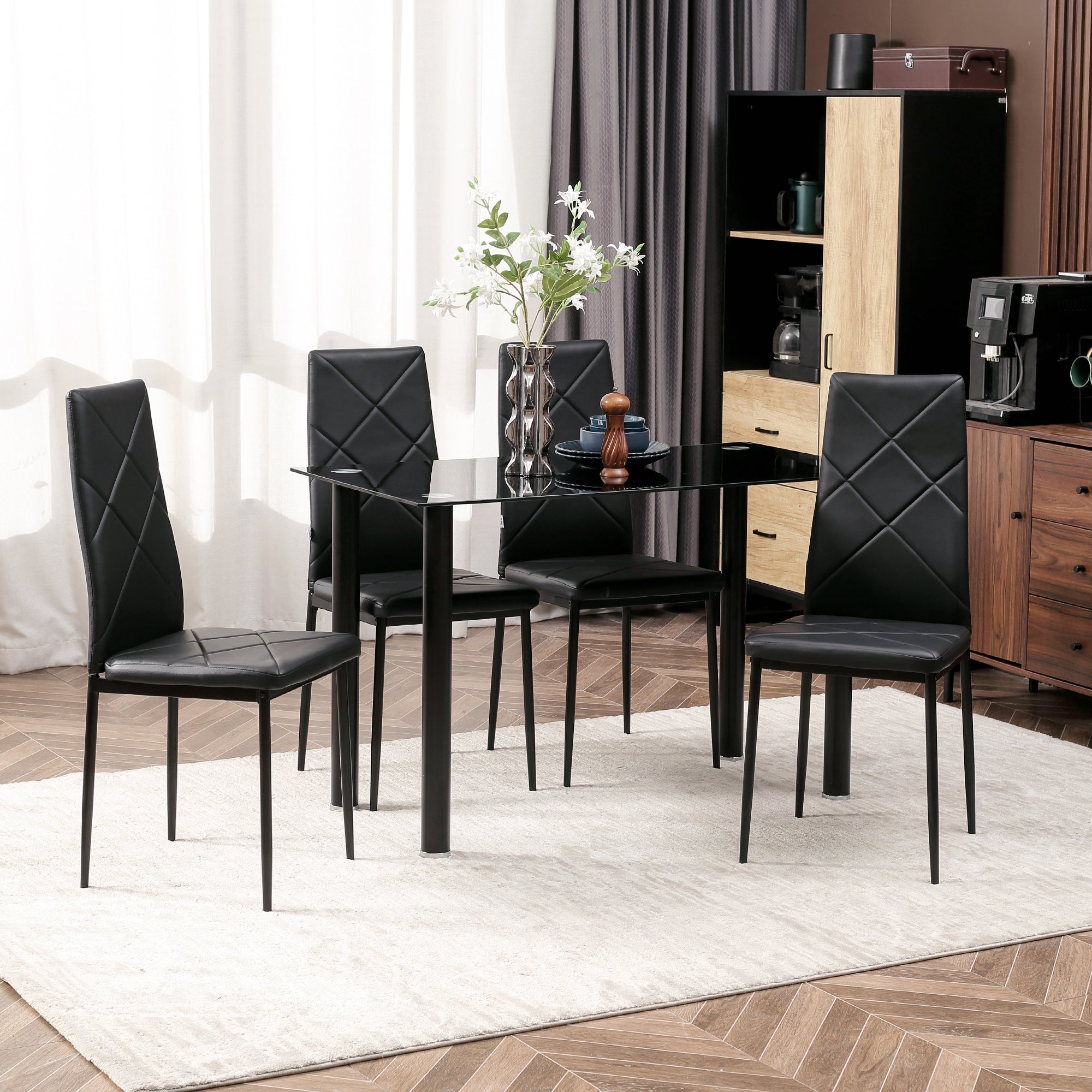 HOMCOM Modern Dining Table Set for 4, Space-Saving 5 Pieces Kitchen Table Set with Rectangle Table and Steel Frame, Black - North Peak Garden Furniture