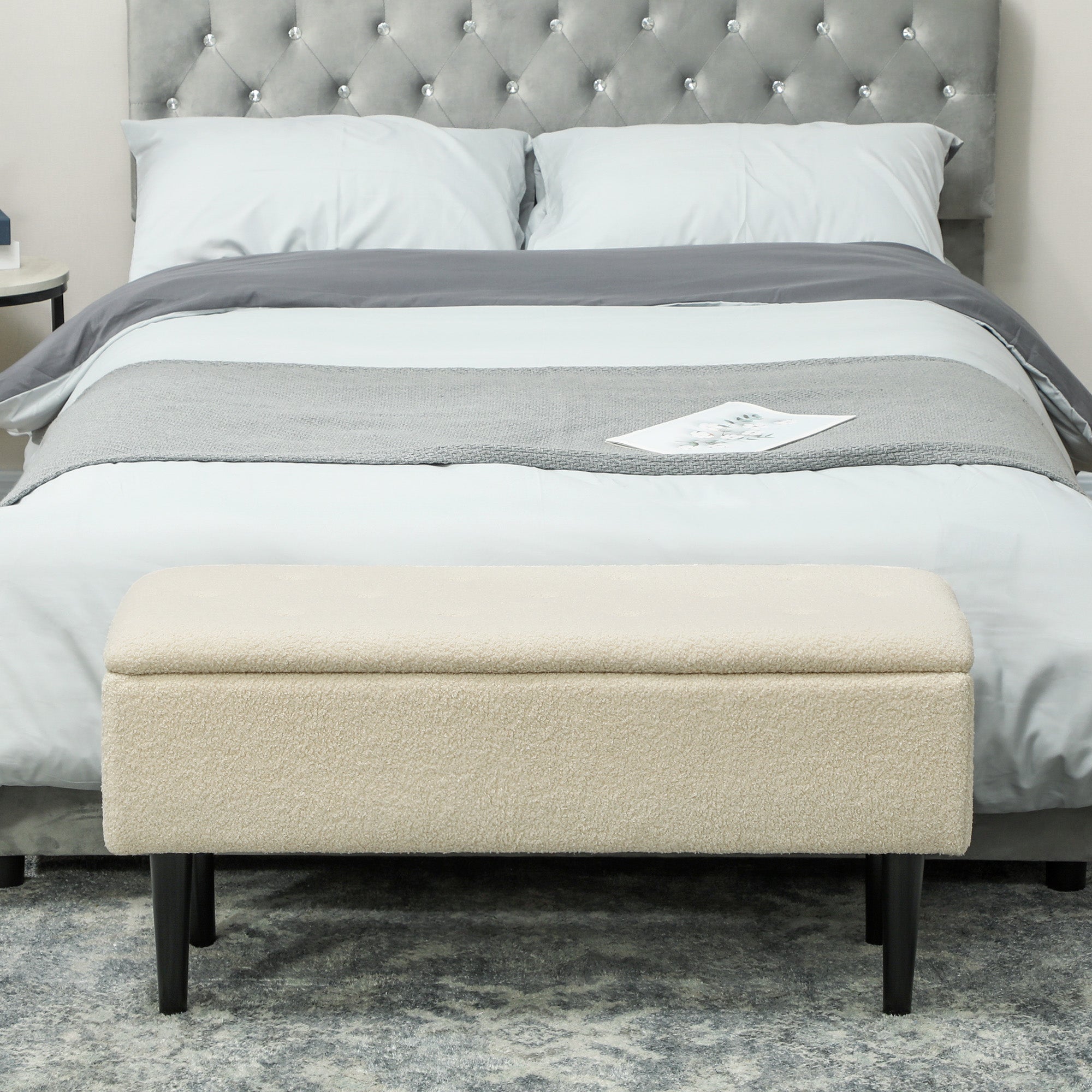 HOMCOM 47L Teddy Fleece Storage Ottoman - Cream - North Peak Garden Furniture