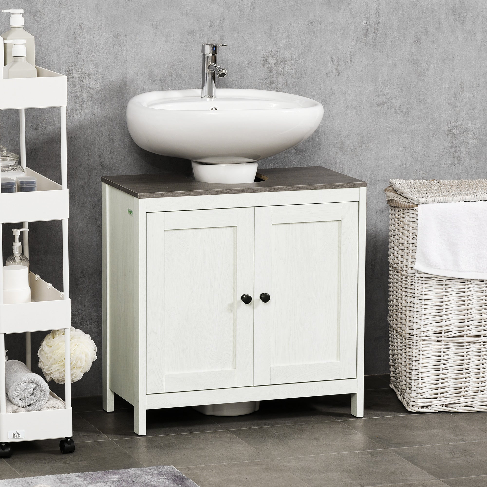 kleankin Modern Bathroom Sink Cabinet, Floor Standing Under Sink Cabinet, Freestanding Storage Cupboard with Adjustable Shelf, Double Doors, Antique White - North Peak Garden Furniture
