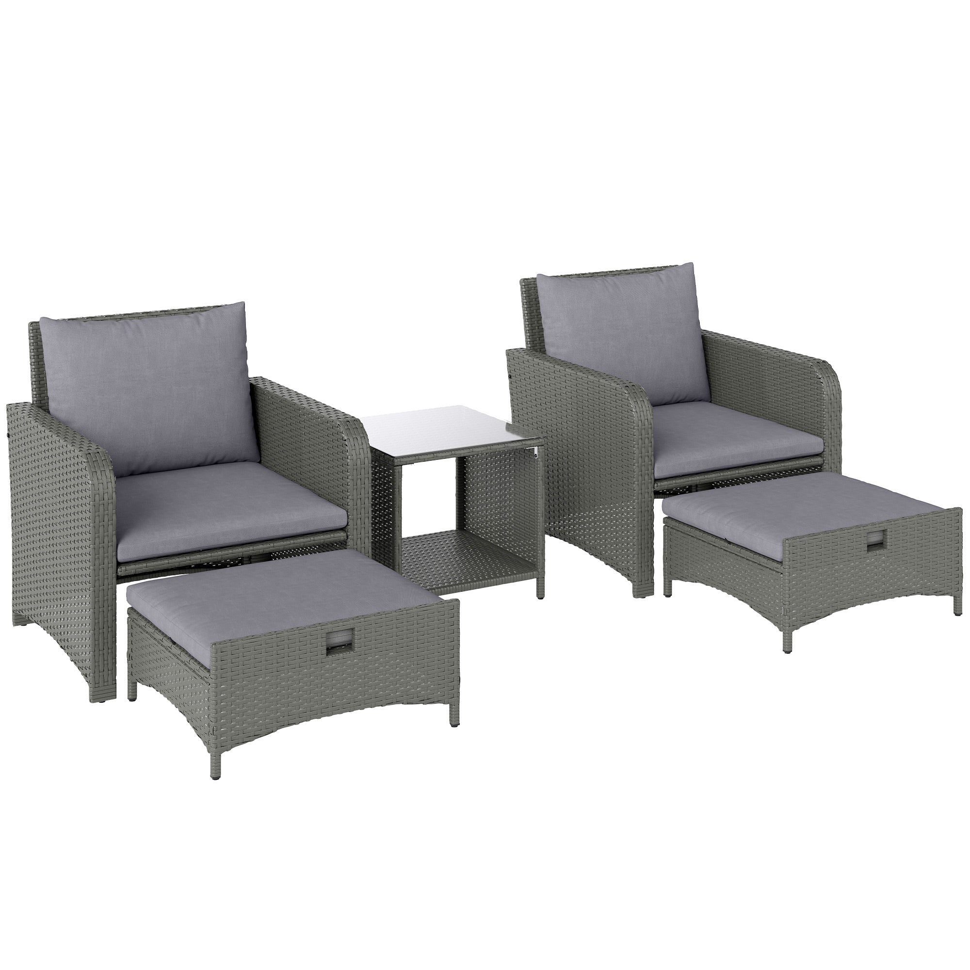 Outsunny Five Piece Rattan Garden Furniture Set with 2-Tier Coffee Table and Ottomans - Grey - North Peak Garden Furniture