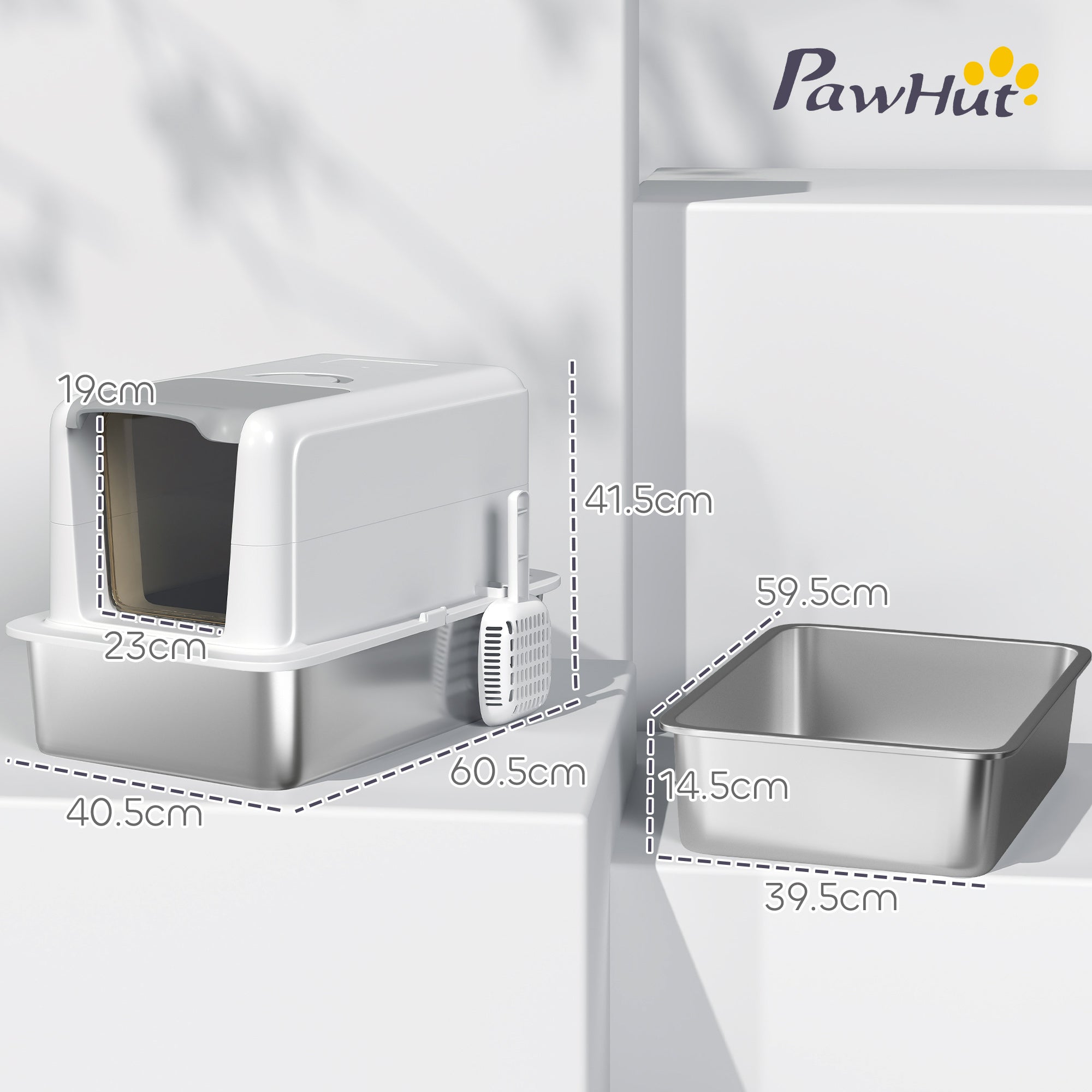 PawHut Stainless Steel Cat Litter Box with Removable Lid, Scoop, Filter Bags, for Larger Cats, White