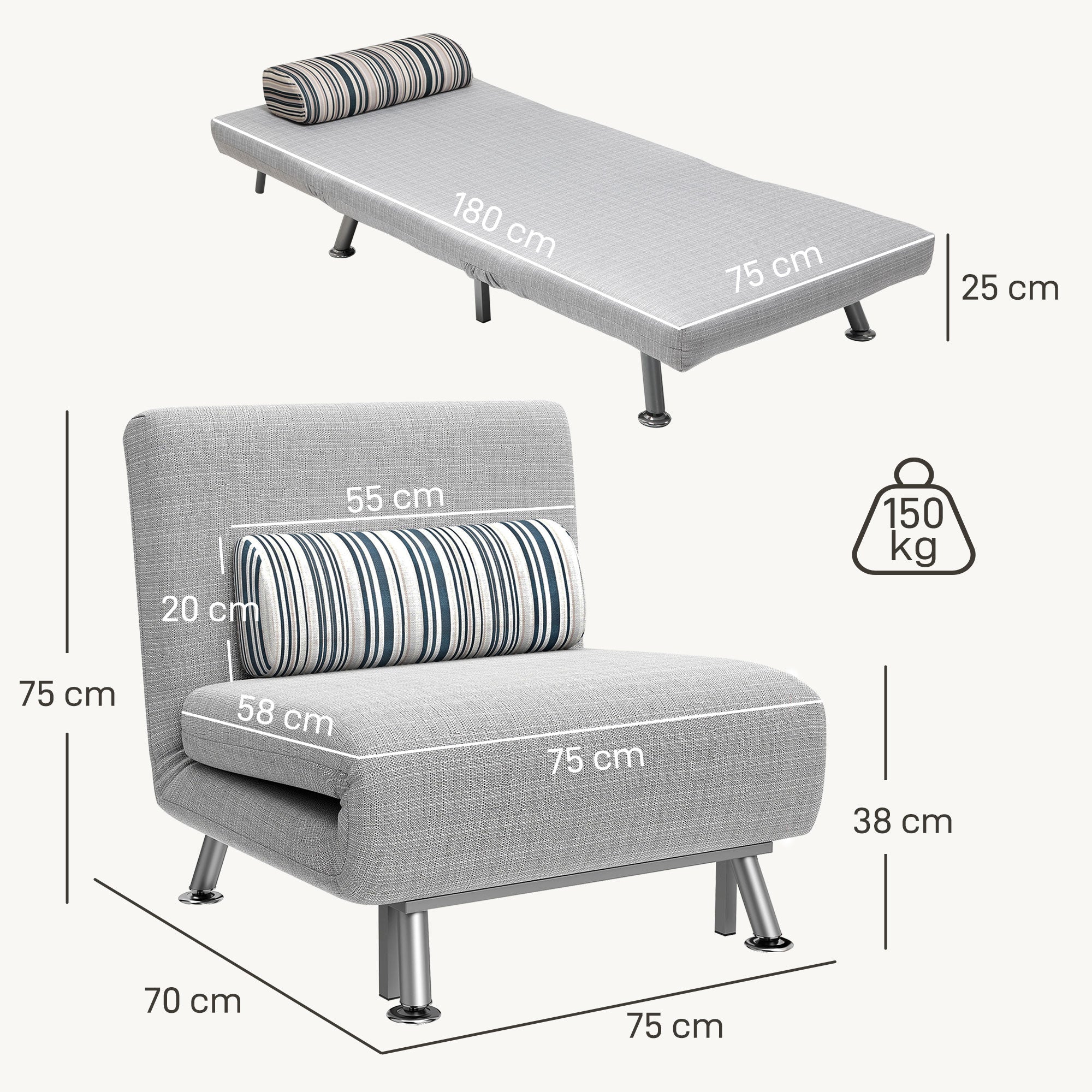 HOMCOM Single Sofa Bed, 1 Person Sleeper Foldable Lounge with Pillow, Grey