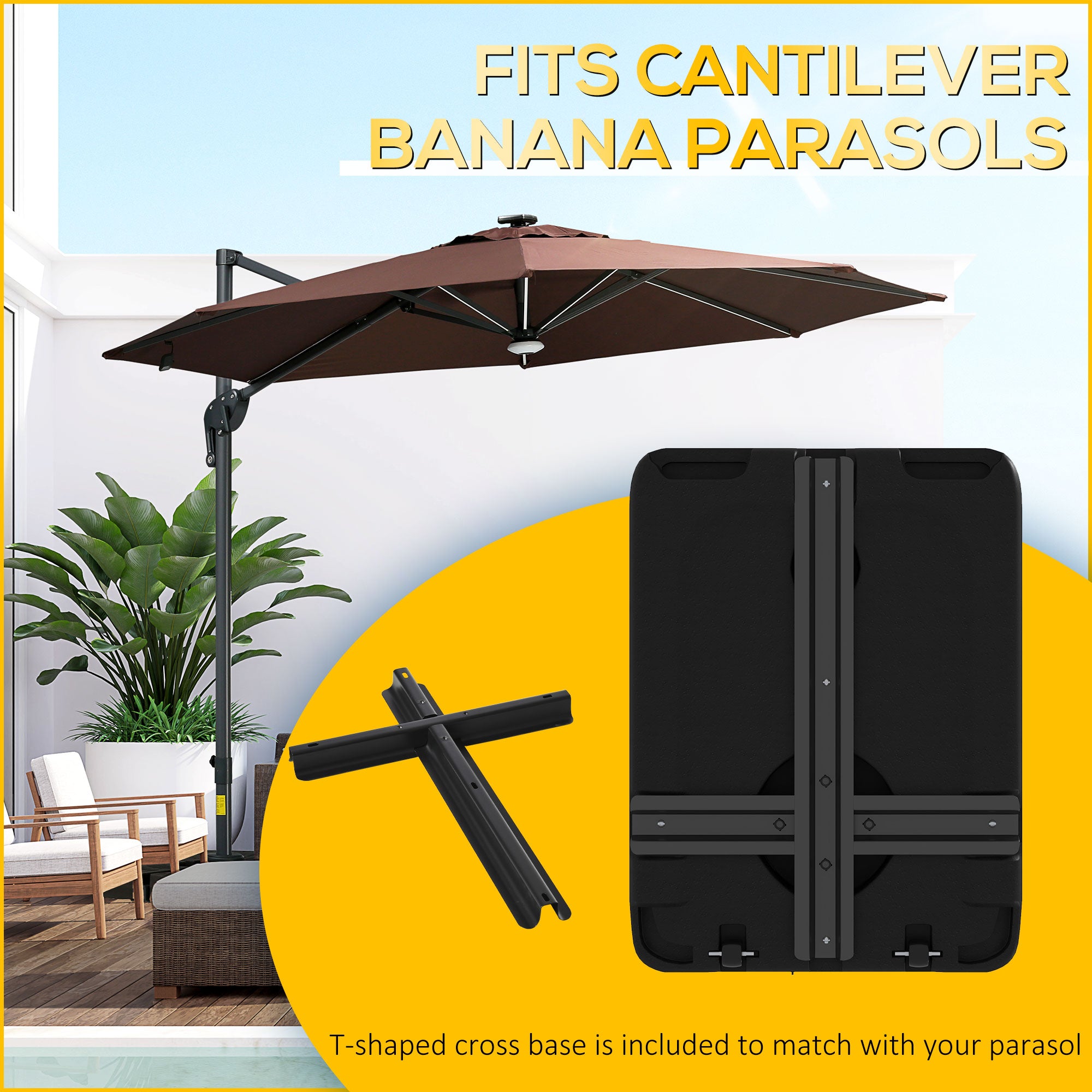 Outsunny Heavy Duty Parasol Base Plastic Umbrella Stand for Cantilever Banana Parasol with Wheels, Water and Sand Filled