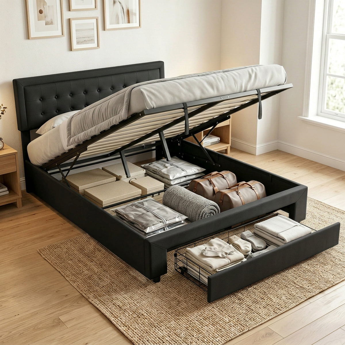 HOMCOM PU Leather King Size Ottoman Bed Frame, with Front Drawer - Black