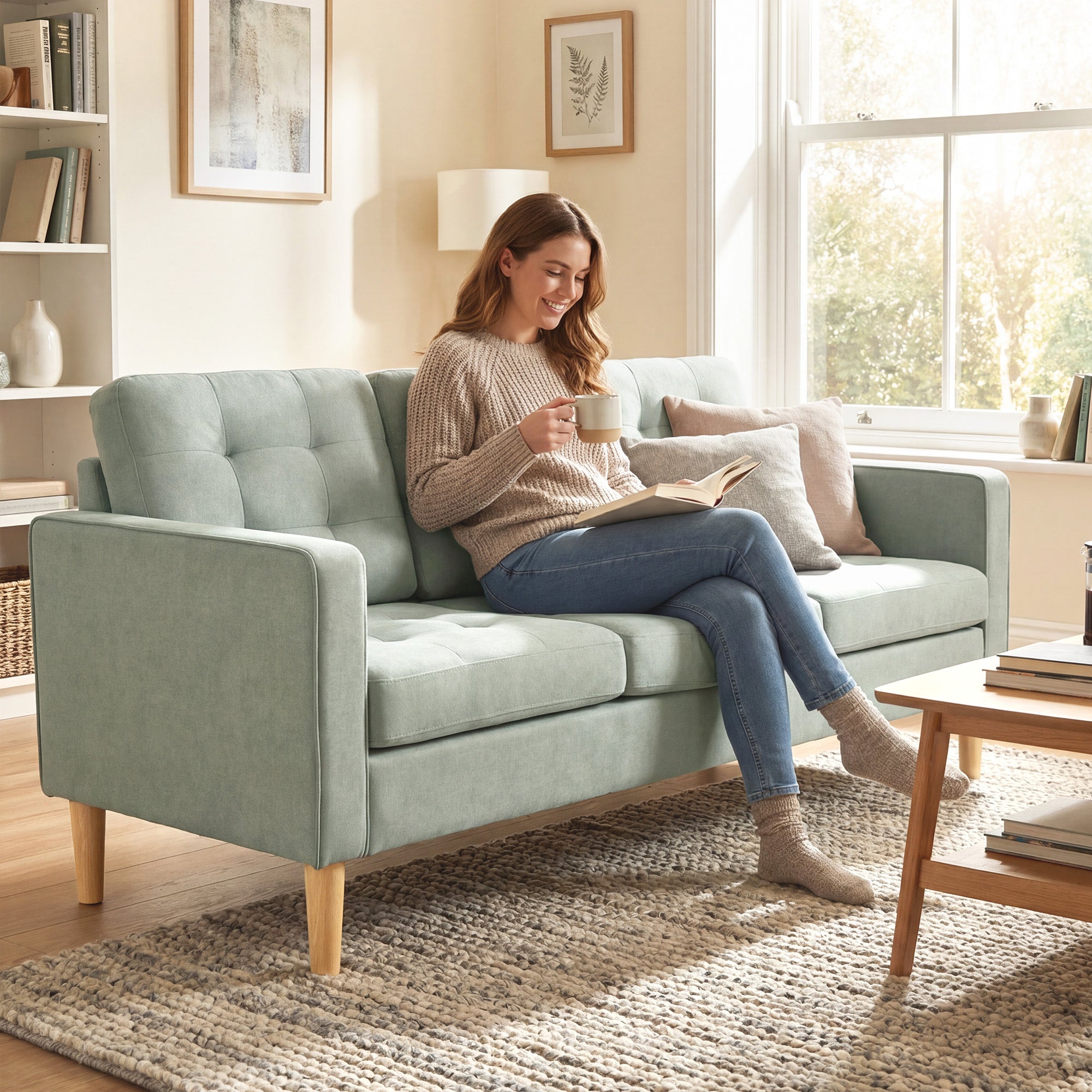 HOMCOM 3 Seater Sofa, 169cm Couch with Hidden Storage, Wood Legs, Light Grey