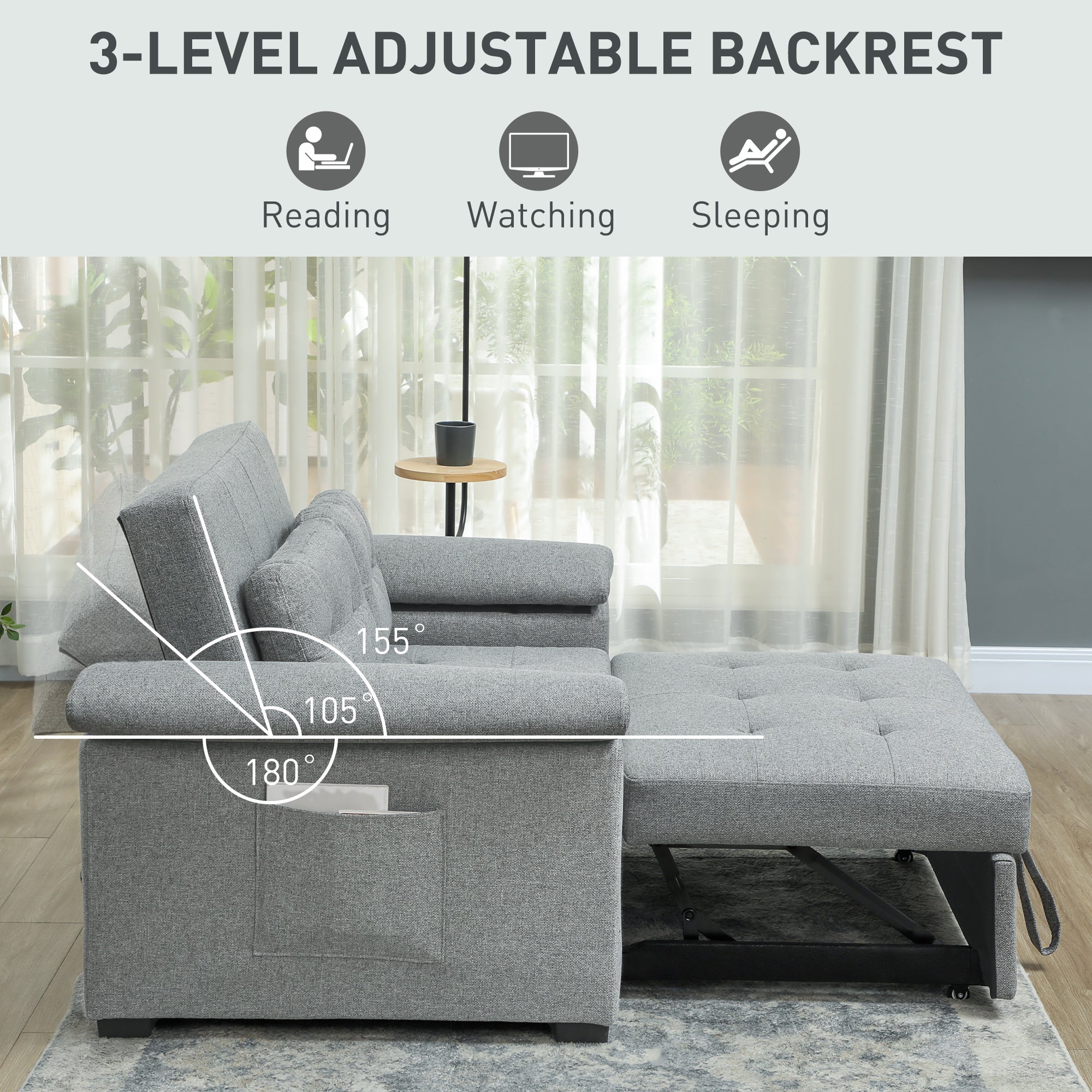 HOMCOM Pull Out Sofa Bed with 2 Pocket Springs, Fabric 2 Seater Click Clack Sofa Bed Settee, Convertible Sofa Couch with Pillows and Side Pockets for Living Room, Home Office, Light Grey - North Peak Garden Furniture