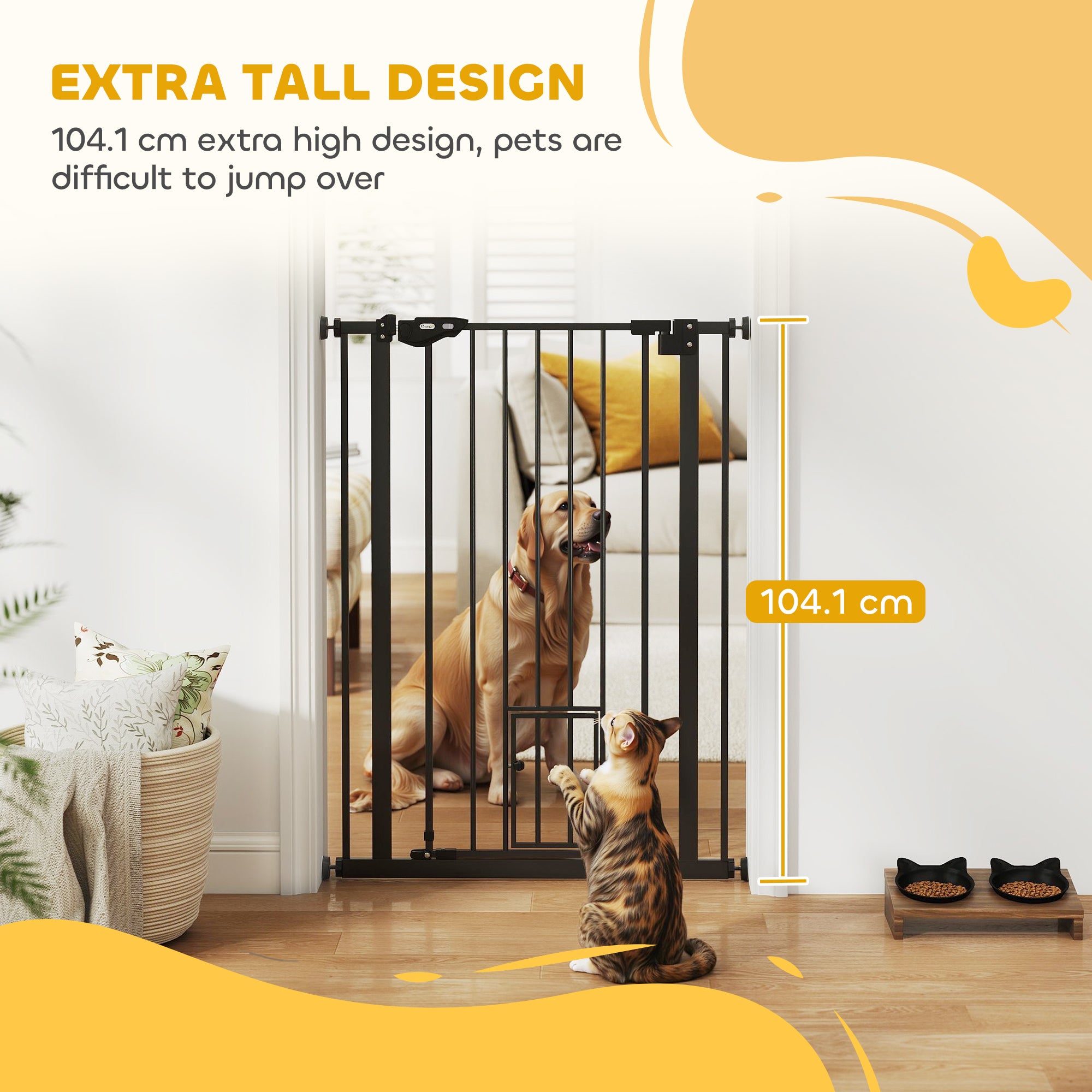 PawHut Extra Tall Pet Gate, Indoor Dog Safety Gate, with Cat Flap, Auto Close, 74-80cm Wide - Black - North Peak Garden Furniture