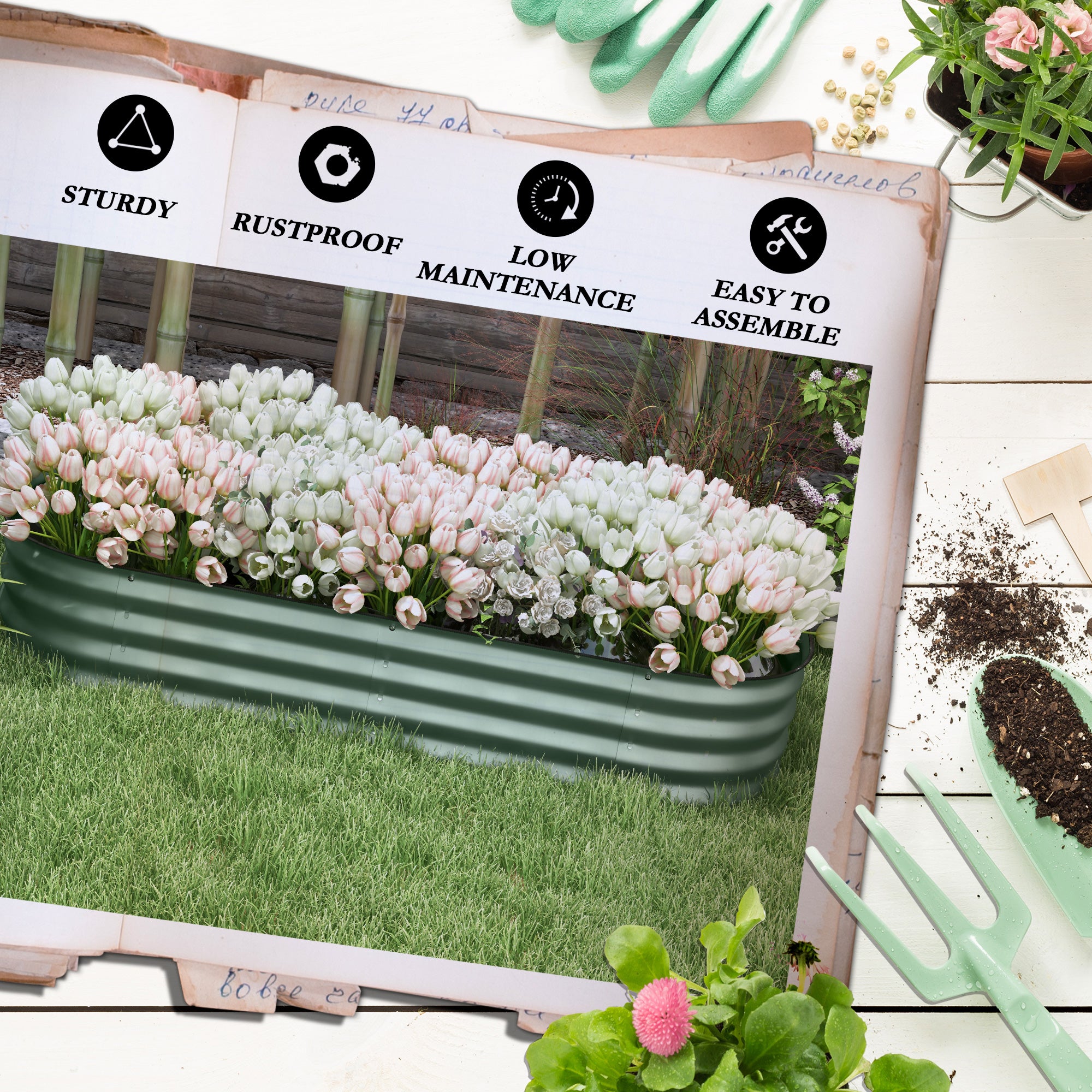 Outsunny Galvanised Raised Garden Bed, Metal Planter Box with Safety Edging, for Flowers, Herbs, Succulents, Green - North Peak Garden Furniture