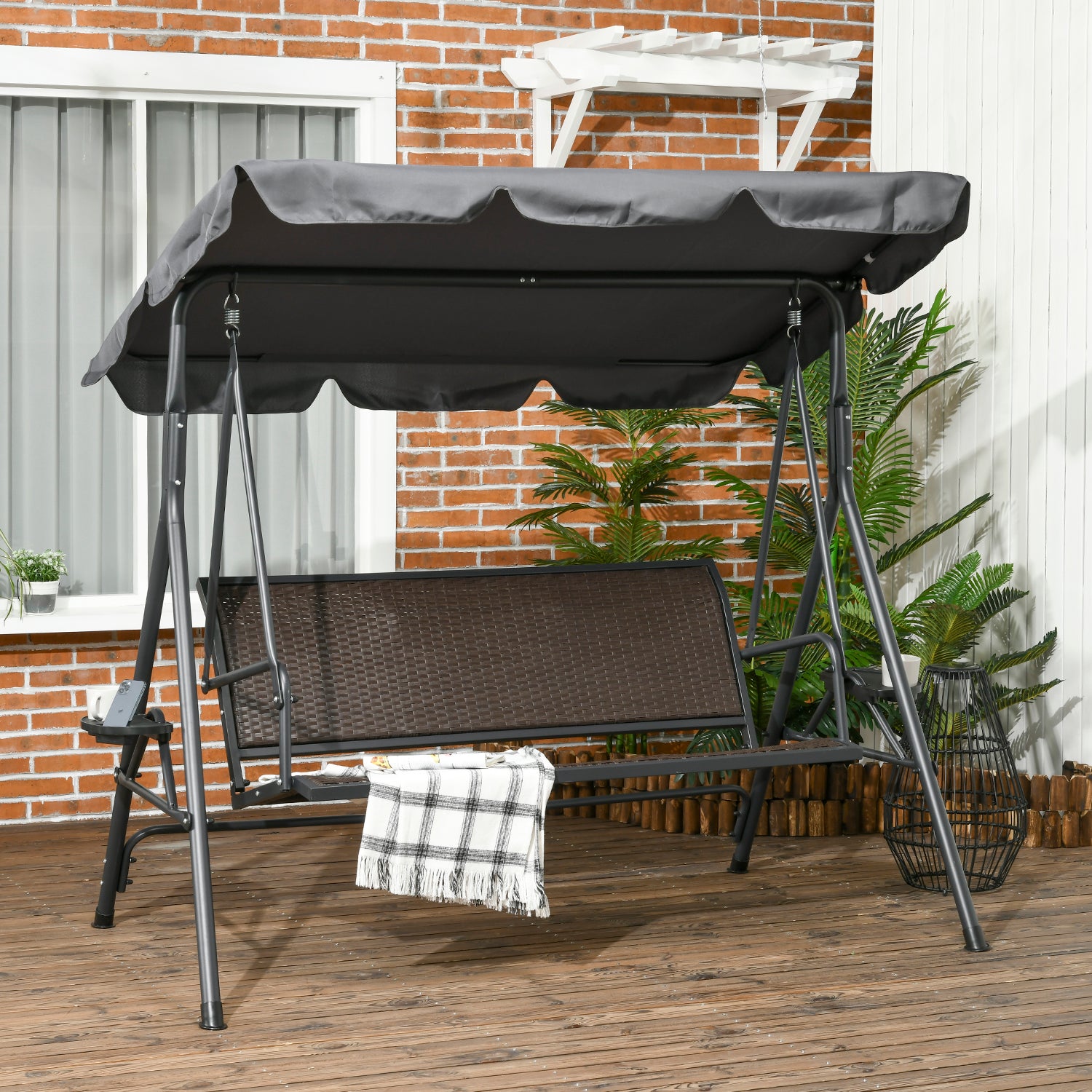 Outsunny 3 Seater Swing Chair, Garden Swing Seat Bench with Adjustable Canopy, Rattan Seat, and Steel Frame for Patio, Yard - North Peak Garden Furniture
