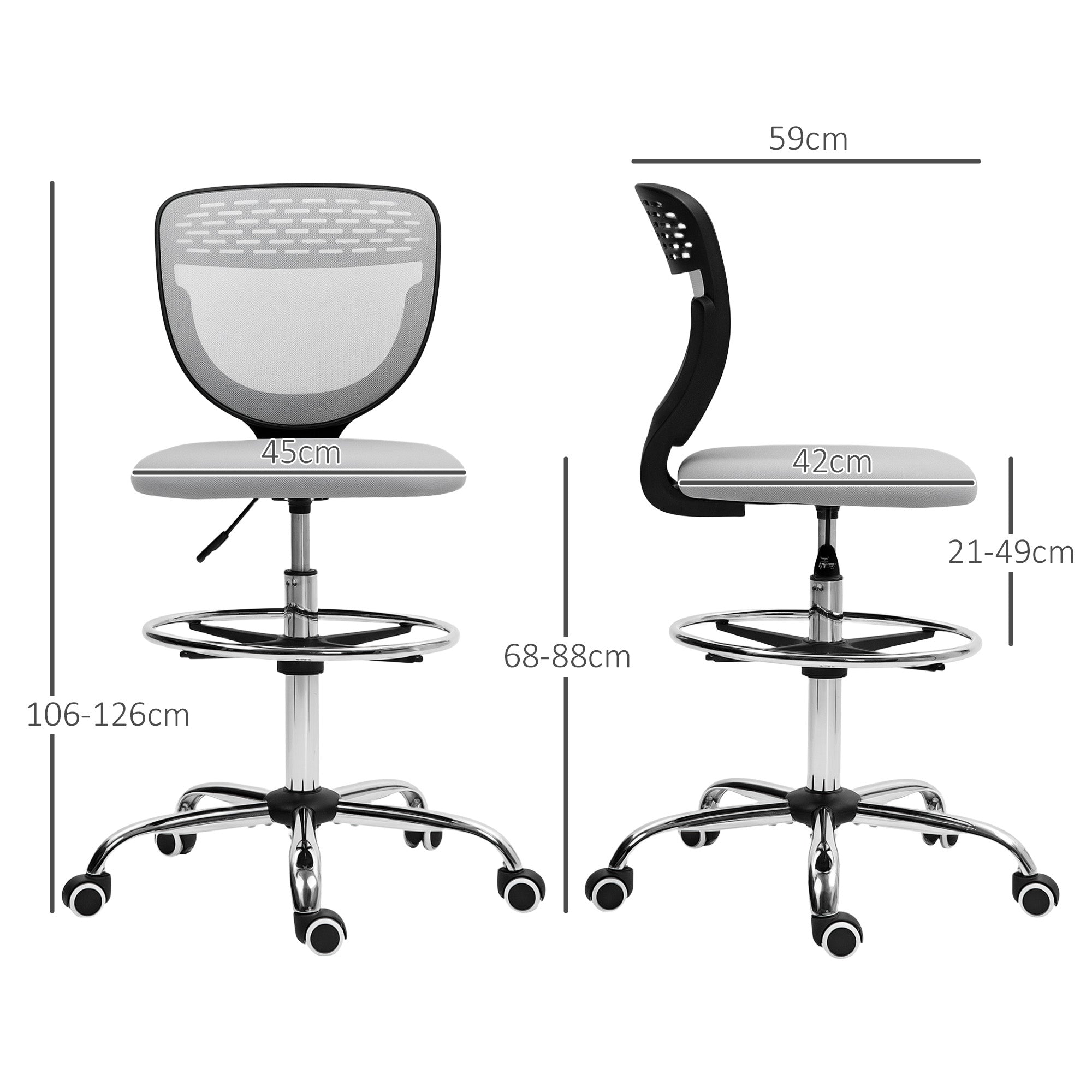 Vinsetto 68-88cm Draughtsman Office Chair, with Wheels - Light Grey - North Peak Garden Furniture