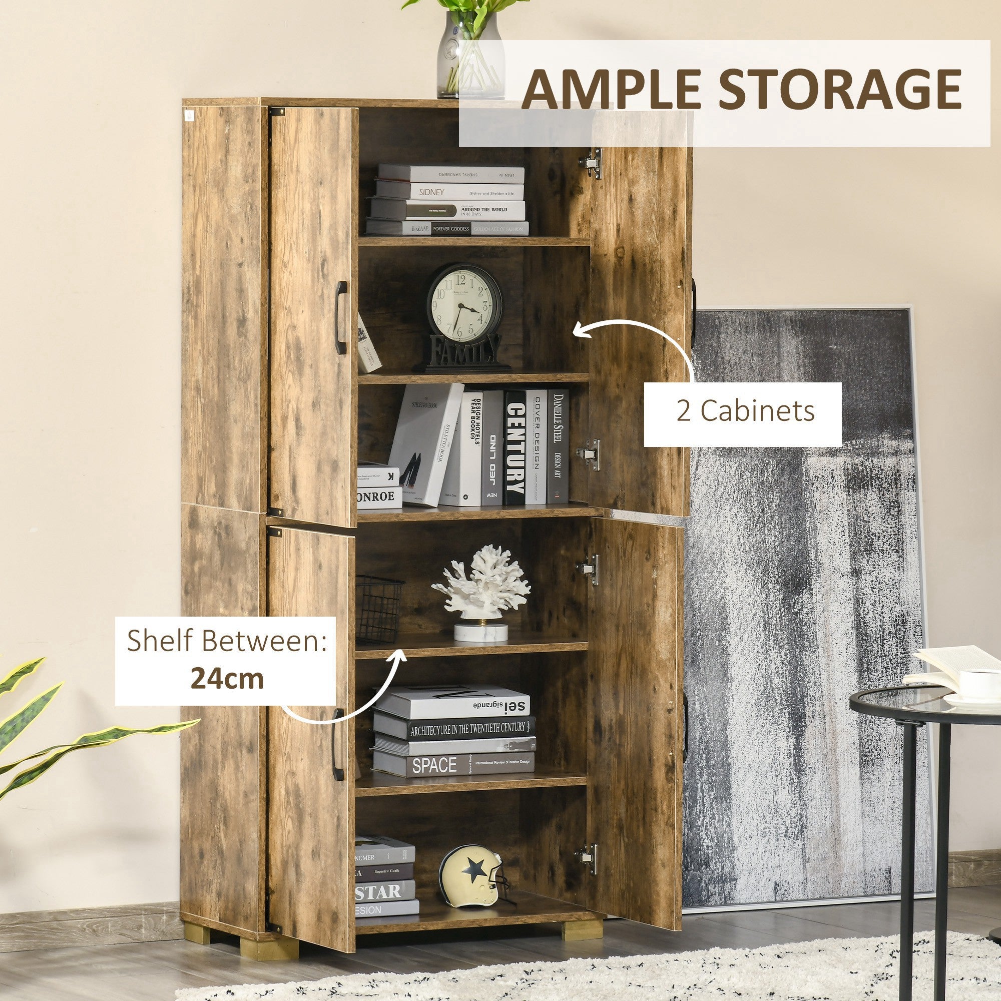 HOMCOM Farmhouse 4-Door Cabinet, Freestanding Tall Cupboard with Storage Shelves for Bedroom & Living Room, Rustic Wood Effect - North Peak Garden Furniture