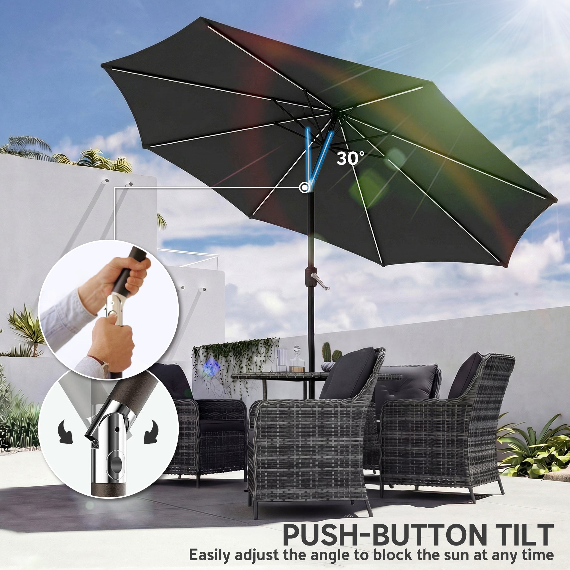 Outsunny 3 m Garden Parasol Umbrella with 112 Solar Powered LED Lights, Patio Umbrella with Crank Handle, Black