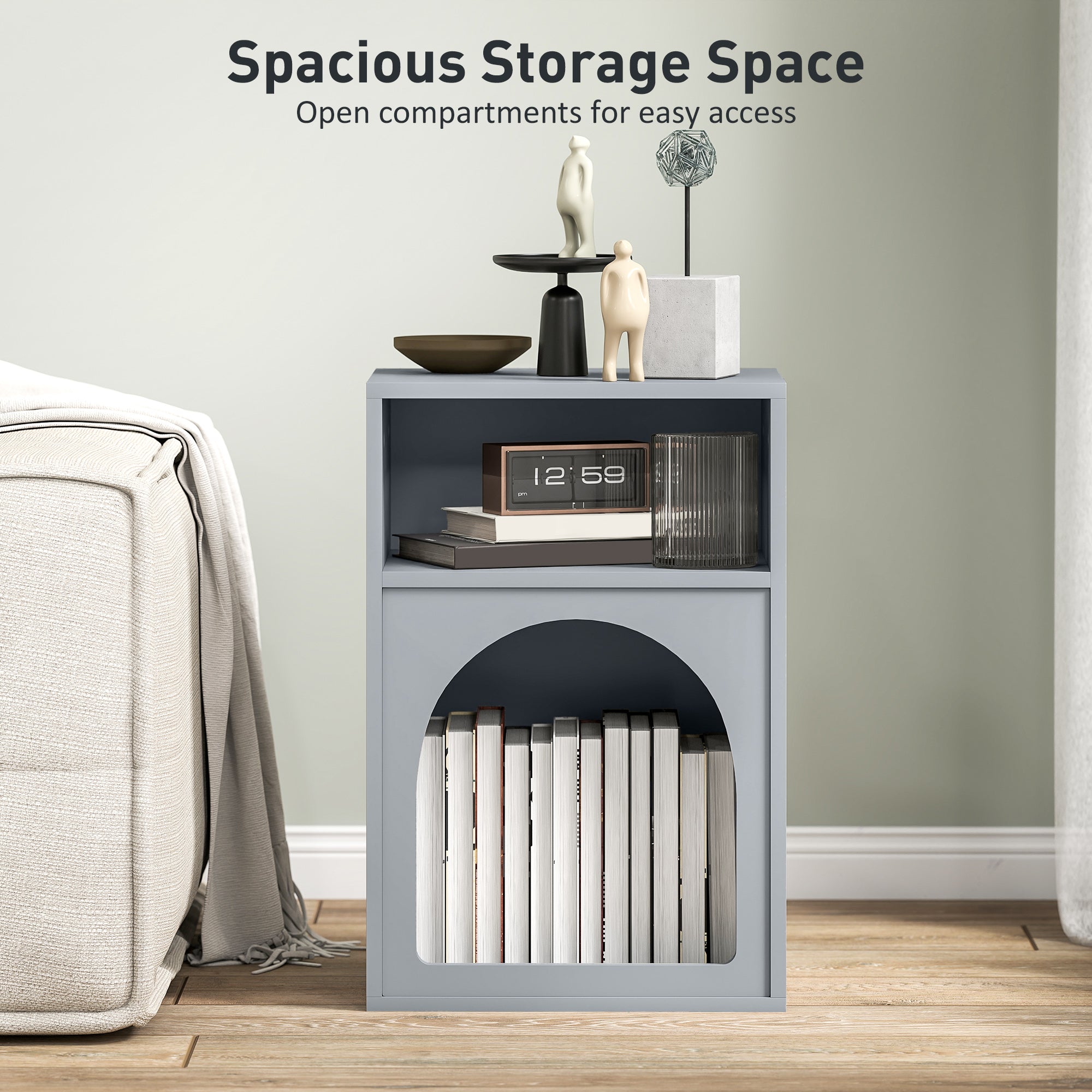 HOMCOM Bedside Table with 2 Open Compartments - Grey