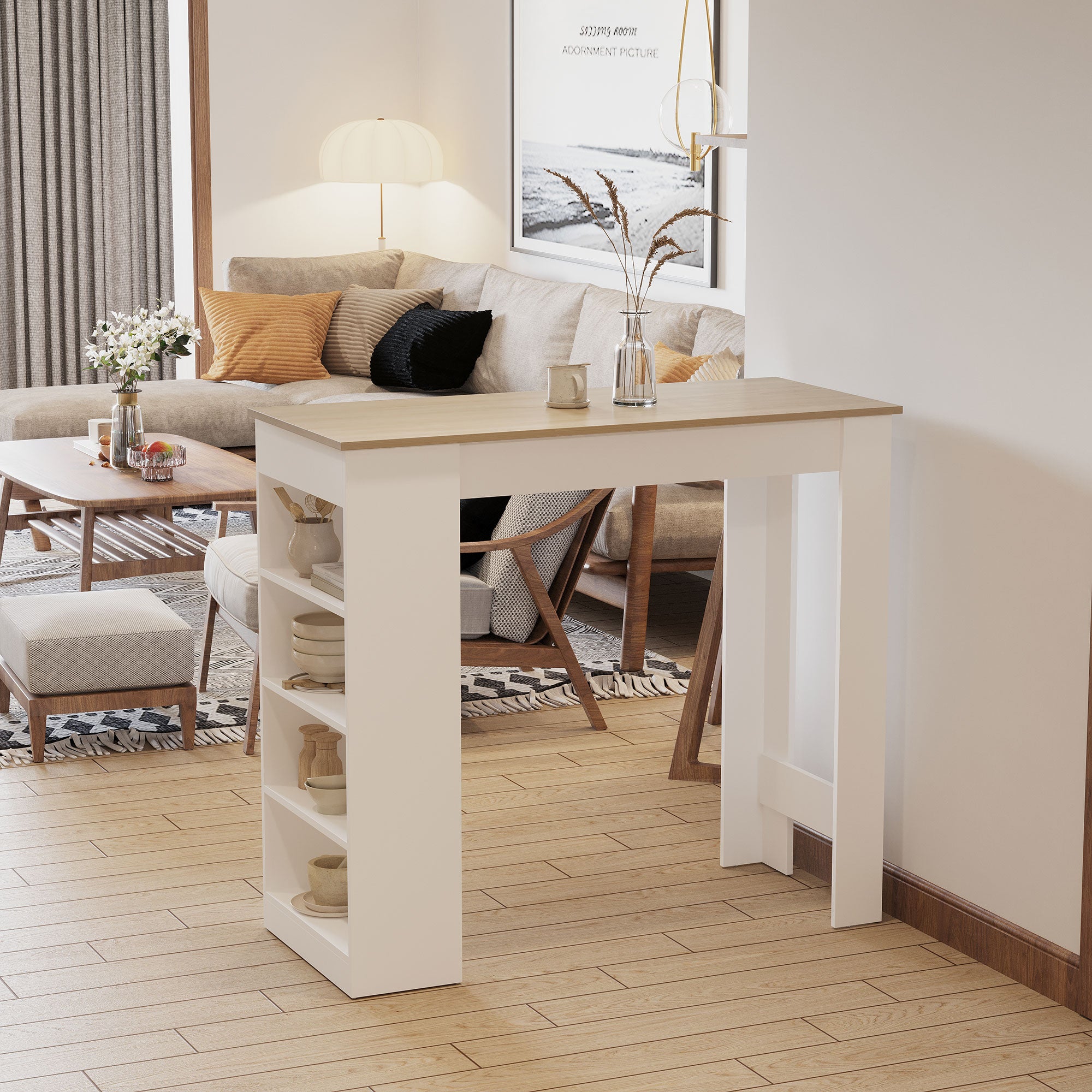 HOMCOM Bar Table Coffee Table Kitchen Dining Table with 4-Tier Storage Shelf for Kitchen, Dining Room, Living Room, Natural - North Peak Garden Furniture
