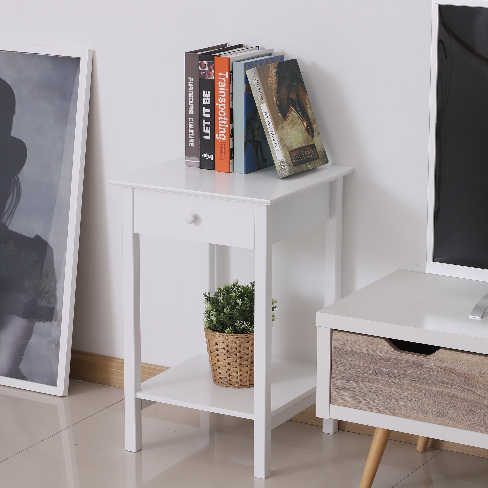 HOMCOM White Bedside Table, Wooden Side Table, Nightstand, Bedside Cabinet with Drawer and Storage Shelf for Bedroom and Living Room, Set of 2 - North Peak Garden Furniture