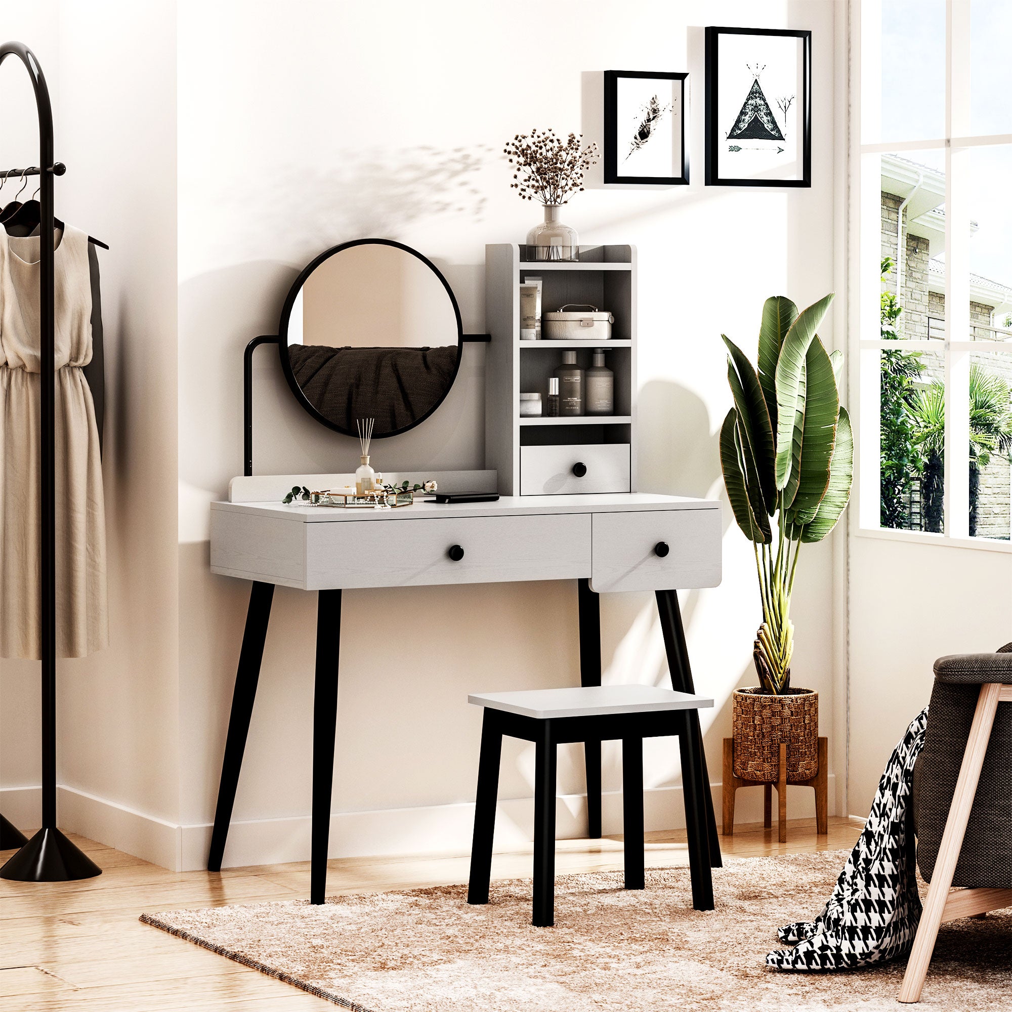 HOMCOM Dressing Table Set with Mirror and Stool, Vanity Makeup Table with 3 Drawers and Open Shelves for Bedroom, Living Room, Grey - North Peak Garden Furniture