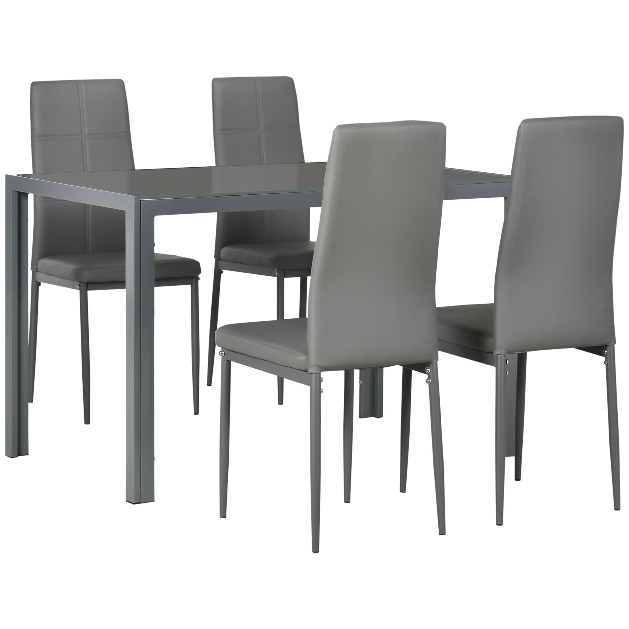 HOMCOM 5-Piece Kitchen Dining Table Set with 4 Faux Leather Metal Frame Chairs Glass Tabletop Desk for Dining Room, Kitchen, Dinette, Grey - North Peak Garden Furniture