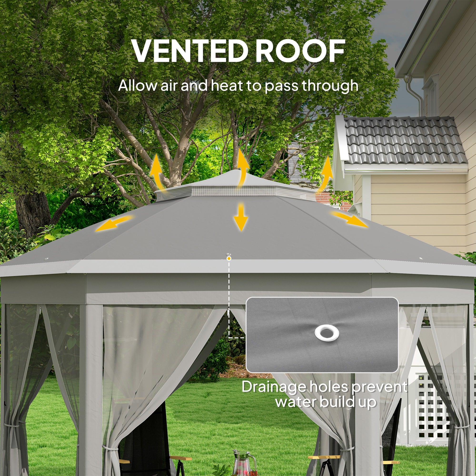 Outsunny 3 x 4m Garden Gazebo Hexagon Pop Up Party Tent Canopy Double Roof Instant Shelter with Netting and Carry Bag for Outdoor Patio, Dark Grey - North Peak Garden Furniture