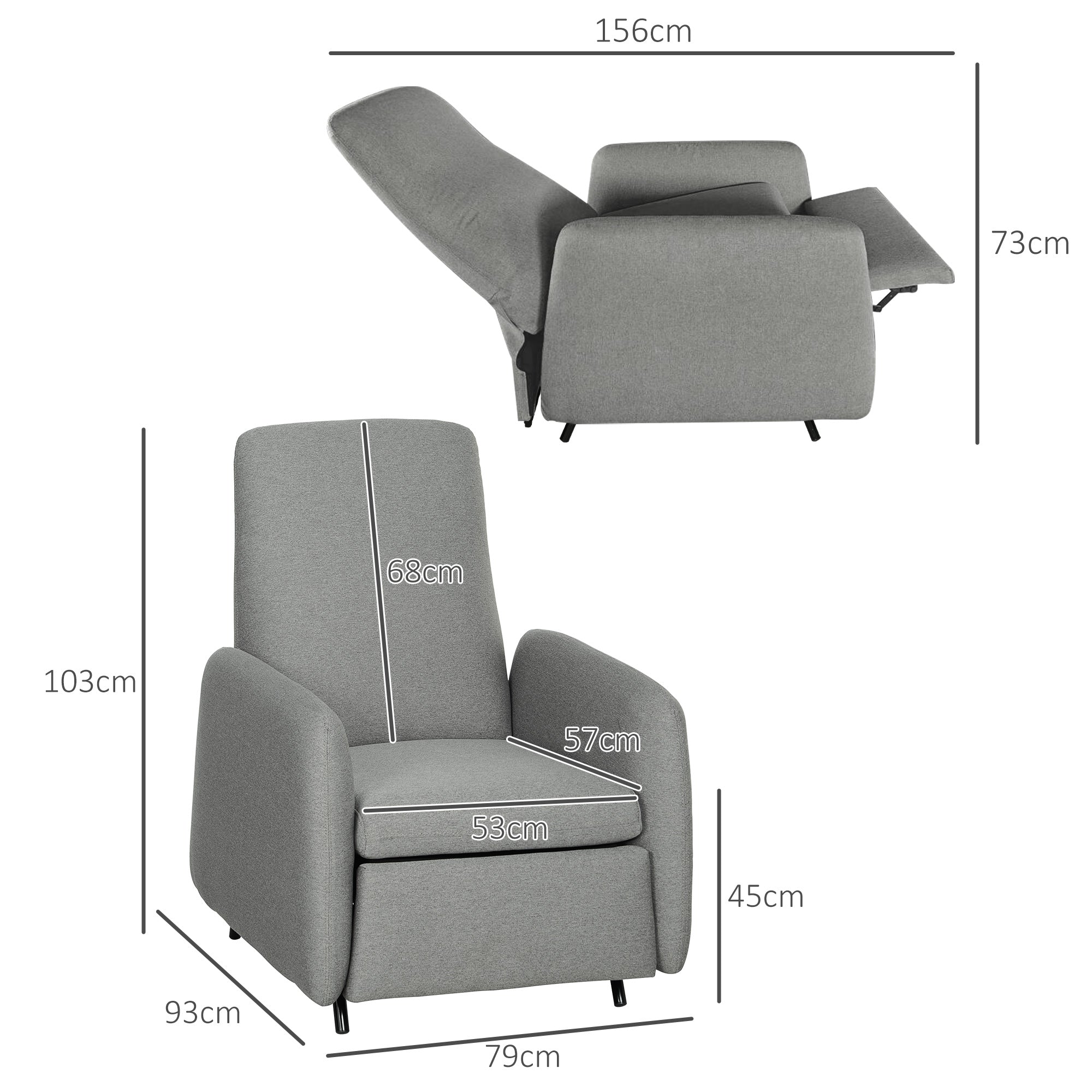 HOMCOM Push Back Recliner Armchair, Fabric High Back Reclining Chair with Adjustable Leg Rest and Pocket Spring Seat for Living Room, Bedroom, Home Office, Grey - North Peak Garden Furniture