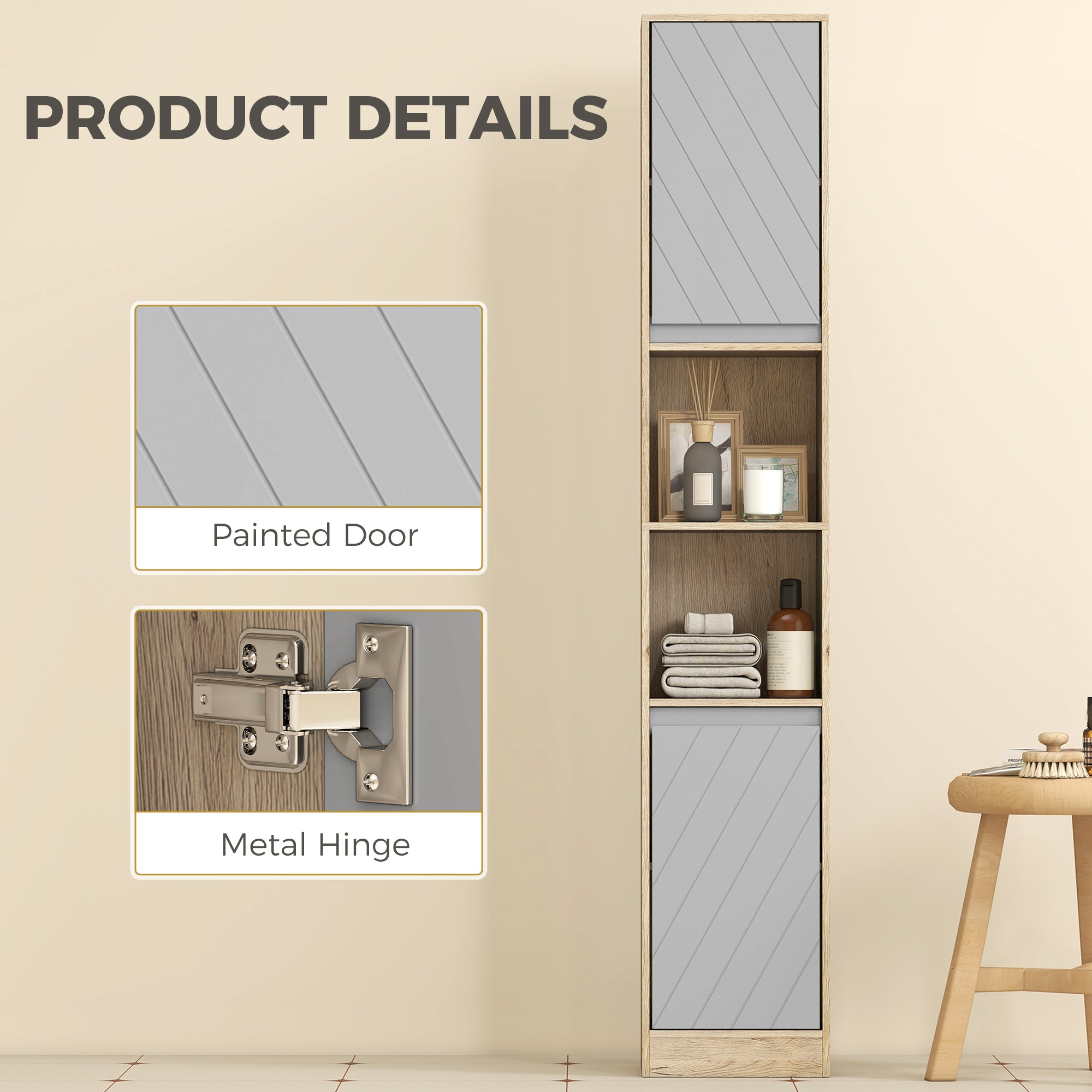 HOMCOM Freestanding Bathroom Storage Cabinet w/ 2 Cupboards 2 Compartments Home Organisation Anti-Tipping Elevated Base 30L x 24W x 170H cm Grey&Brown
