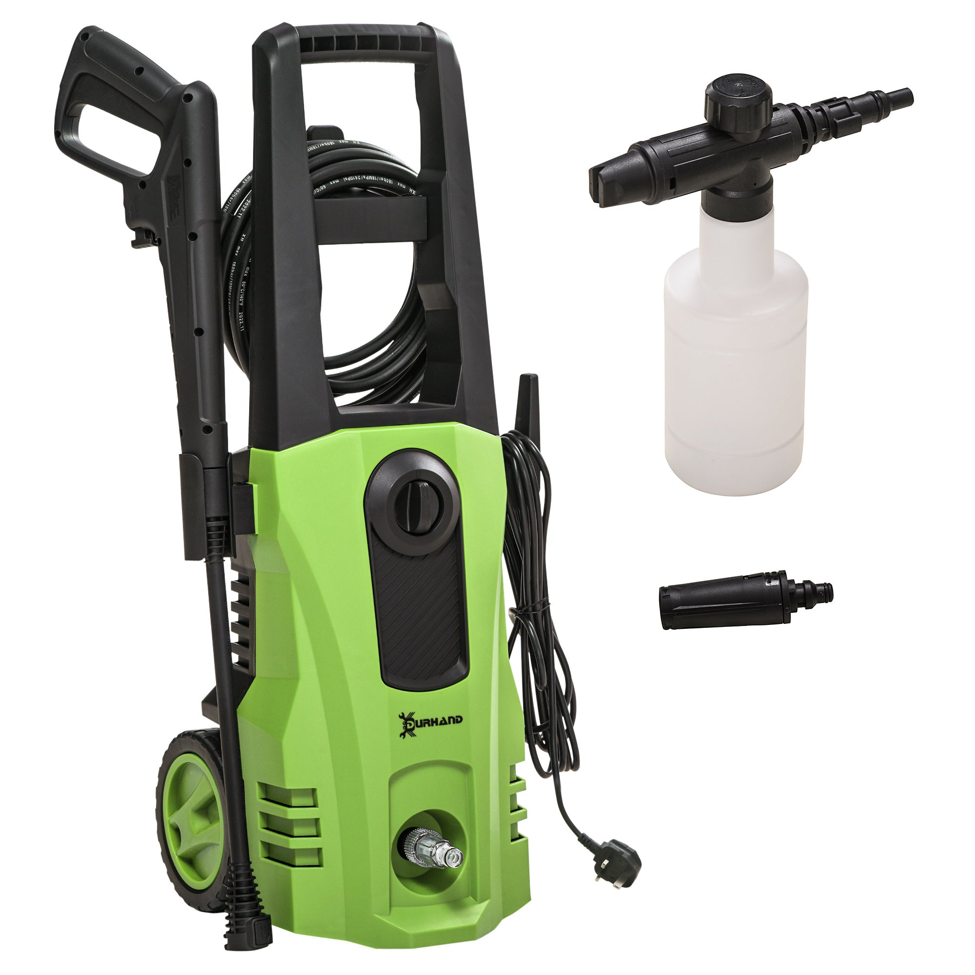 DURHAND 1800W High Pressure Washer, 150 Bar Pressure, 510 L/h Flow, High-Performance Portable Power Washer Jet Wash Cleaner with 6M Hose, Snow Foam Bottle for Garden, Car, Furniture, Green