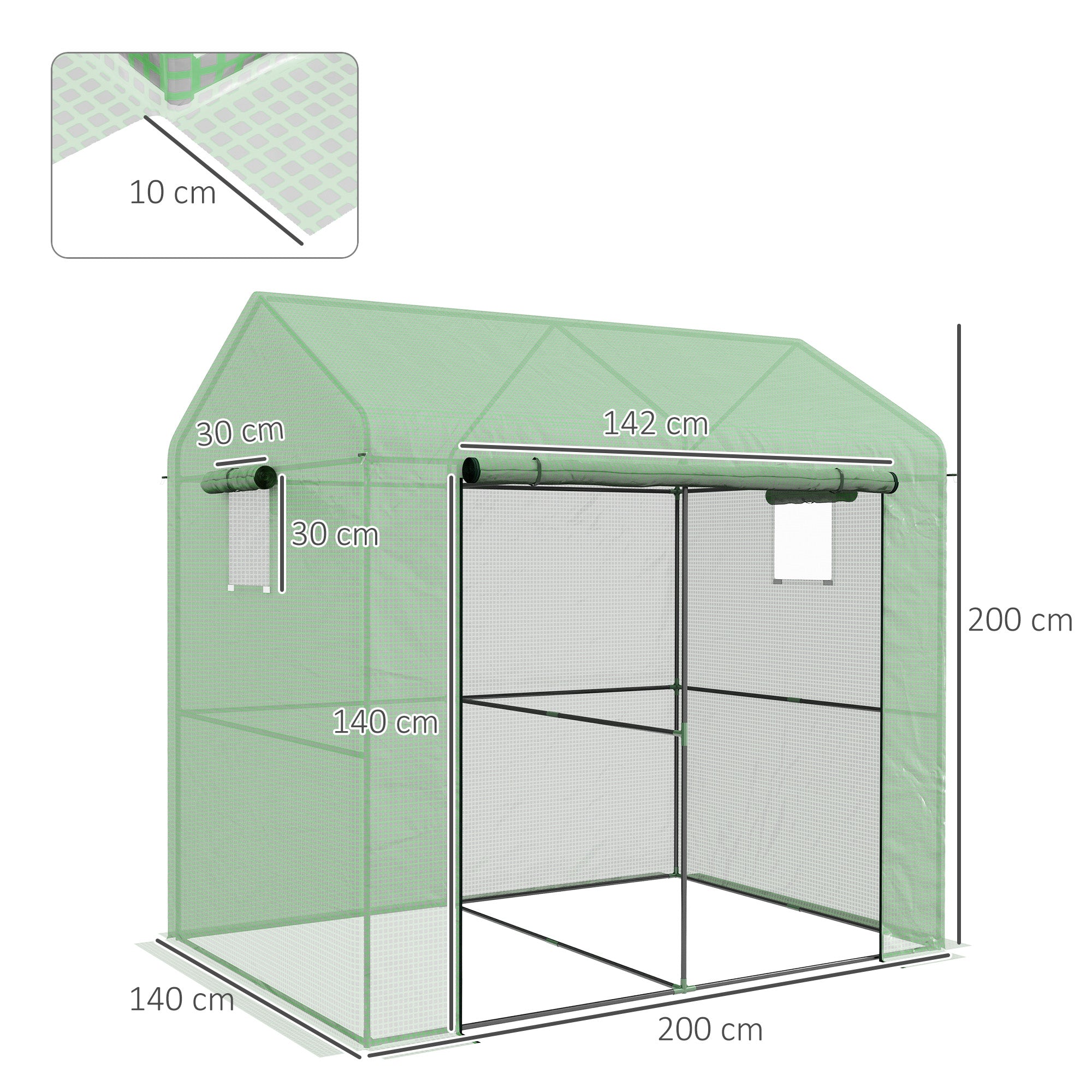 Outsunny Greenhouse, Walk-in Garden Grow House with Roll-up Door and Mesh Windows, 200 x 140 x 200cm, Green - North Peak Garden Furniture