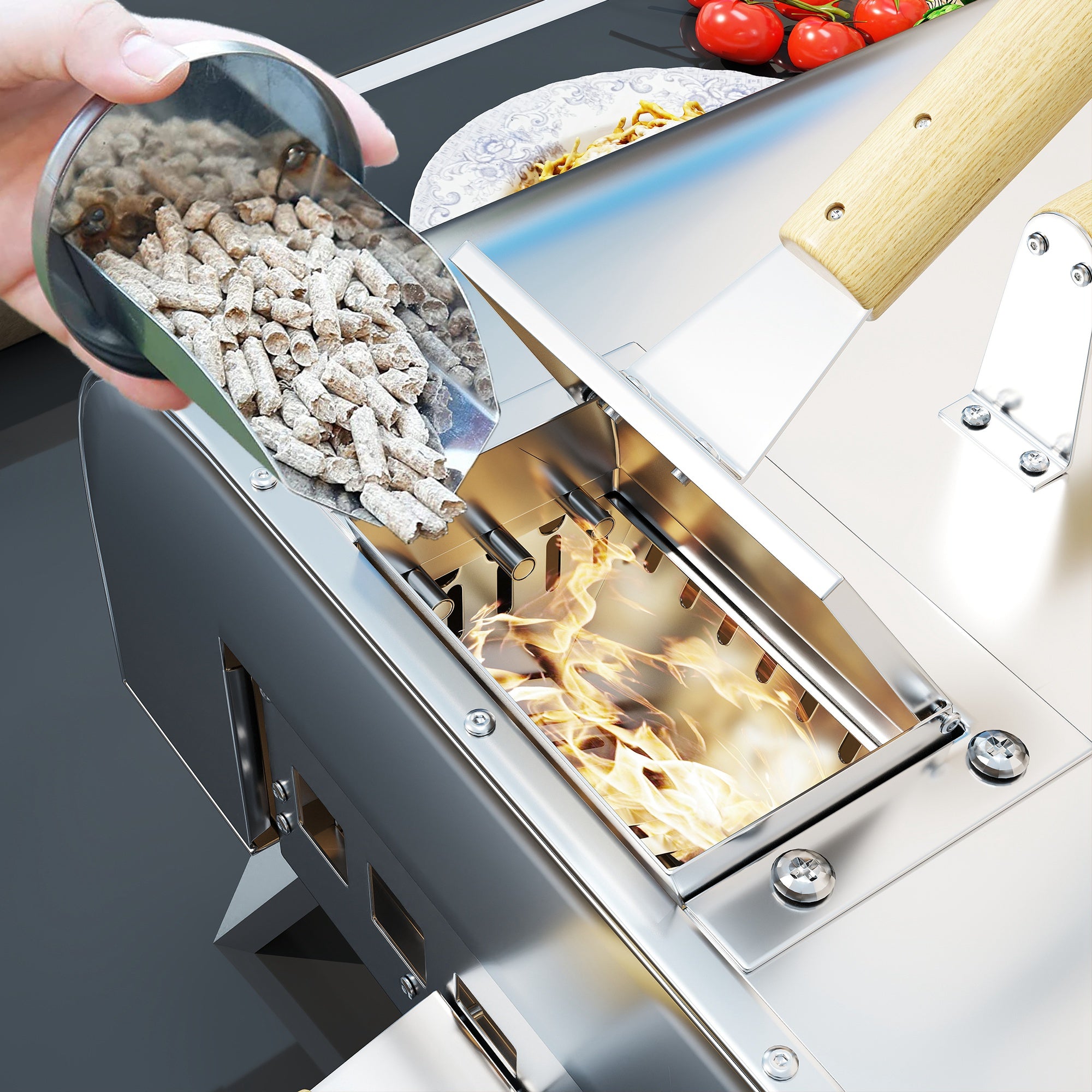Outsunny Outdoor Pizza Oven, Portable Wood Pellet Pizza Oven with Pizza Stone and Peel, Foldable Legs, Chimney, 12 Inch Wood Fired Pizza Maker for Outdoor Cooking, Stainless Steel - North Peak Garden Furniture