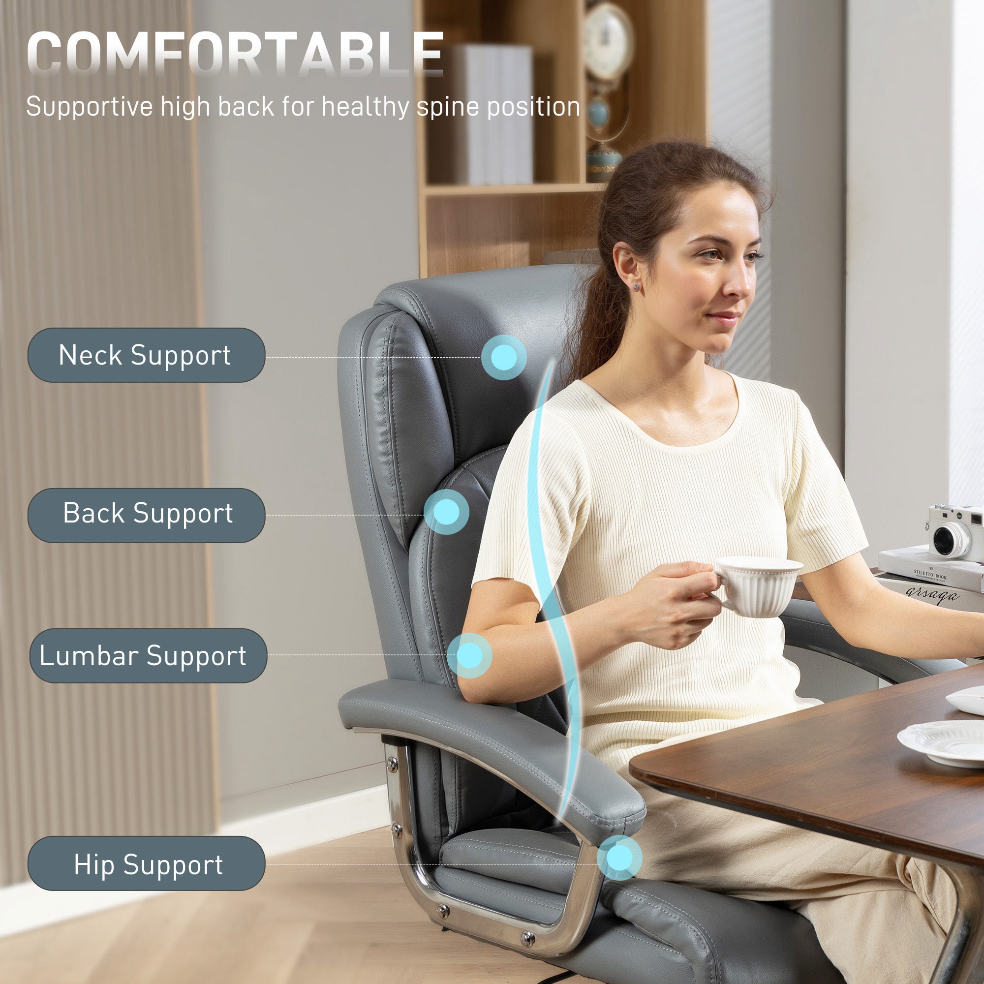 HOMCOM Big and Tall Office Chair 180kg with Spring Cushion, PU Leather - Grey