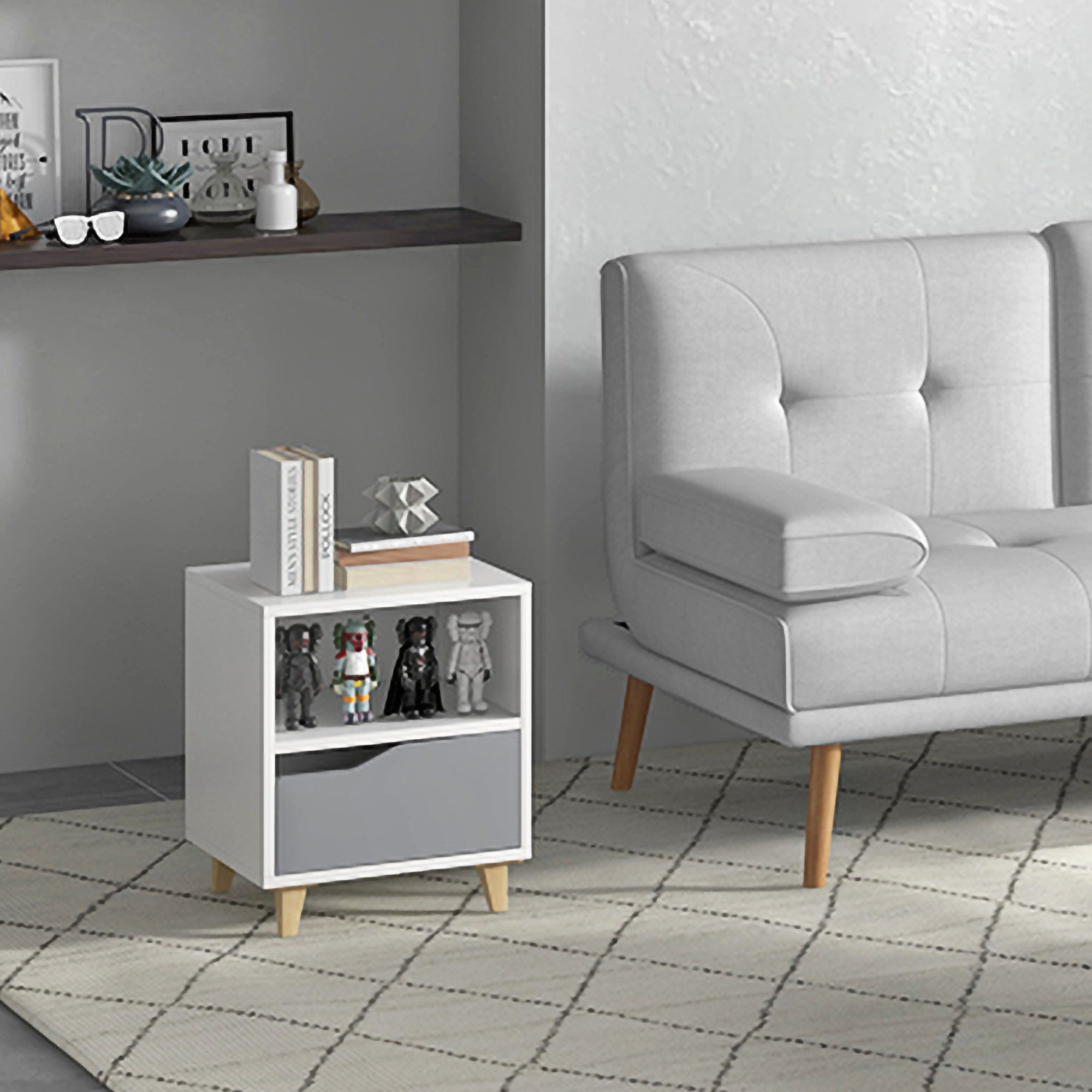HOMCOM Modern Bedside Table, Side End Table with Shelf, Drawer and Wood Legs, 36.8cmx33cmx43.8cm, White and Grey - North Peak Garden Furniture