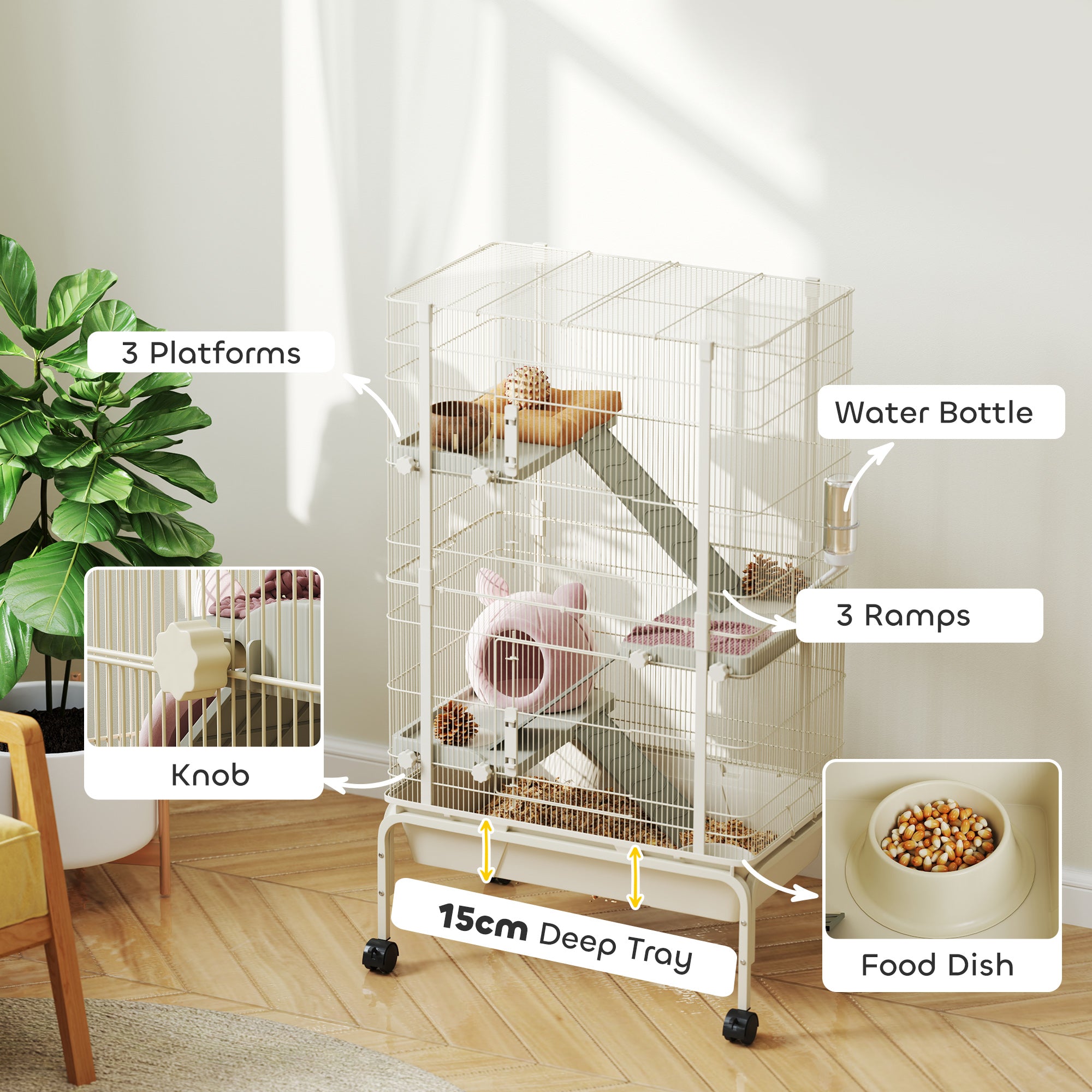 PawHut 4 Levels Rolling Small Animal Cage, Rabbit Cage with 3 Ramps, Water Bottle, Food Dish, 15cm Deep Tray, Beige - North Peak Garden Furniture