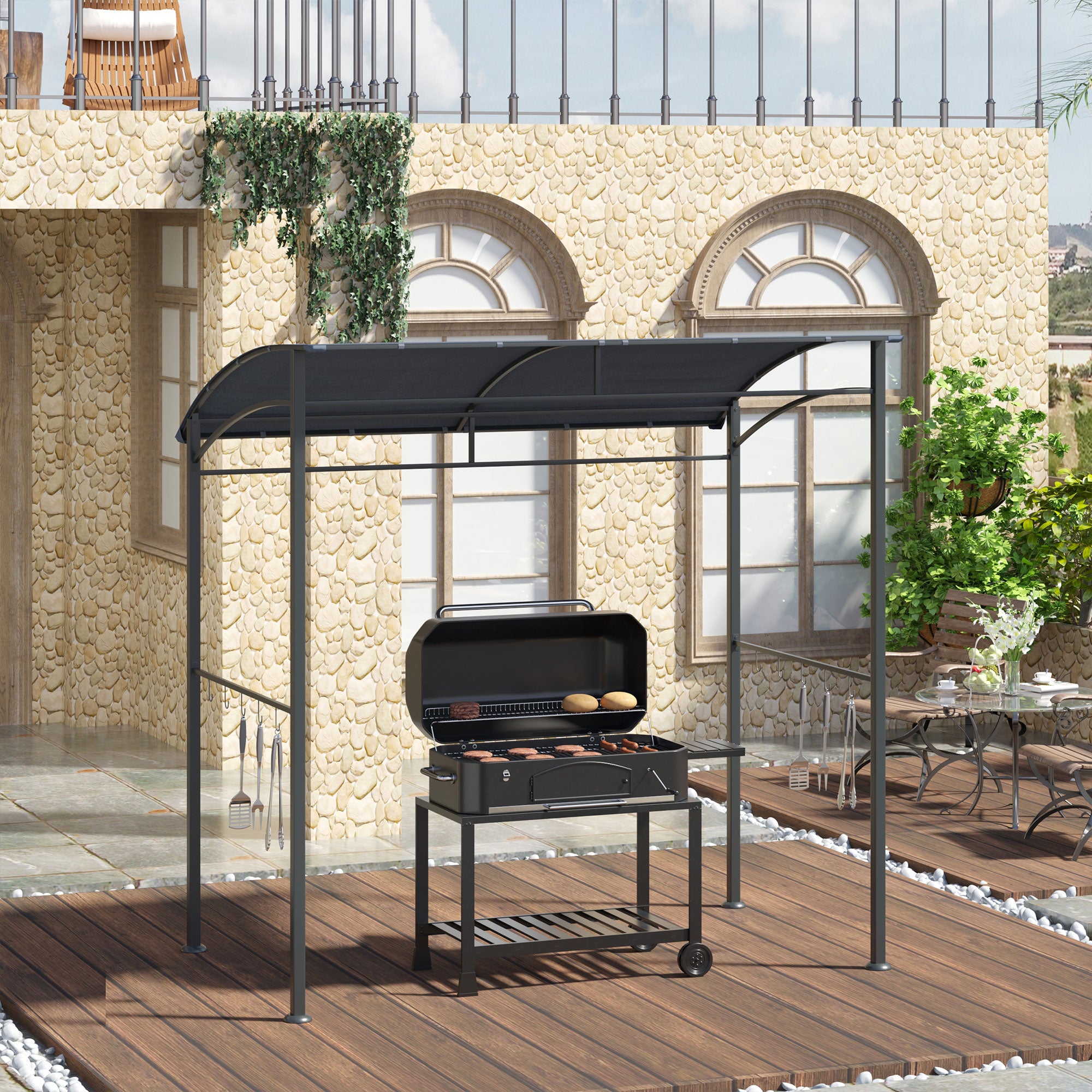 Outsunny 2.2 x 1.5 m BBQ Grill Gazebo Tent, Garden Grill with Metal Frame, Curved Canopy and 10 Hooks, Outdoor Sun Shade, Dark Grey - North Peak Garden Furniture