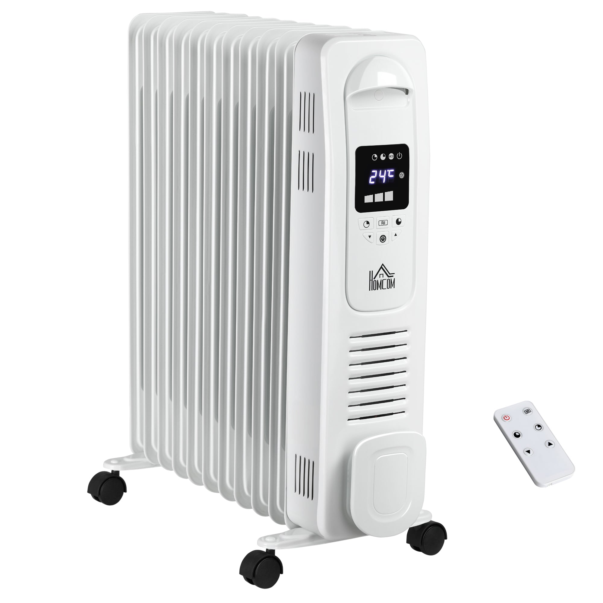 HOMCOM 2500W Digital Display Oil Filled Radiator, 11Fin Portable Electric Heater with Timer, Adjustable Thermostat, Three Heat Settings, Safety Cut Off, Remote, White