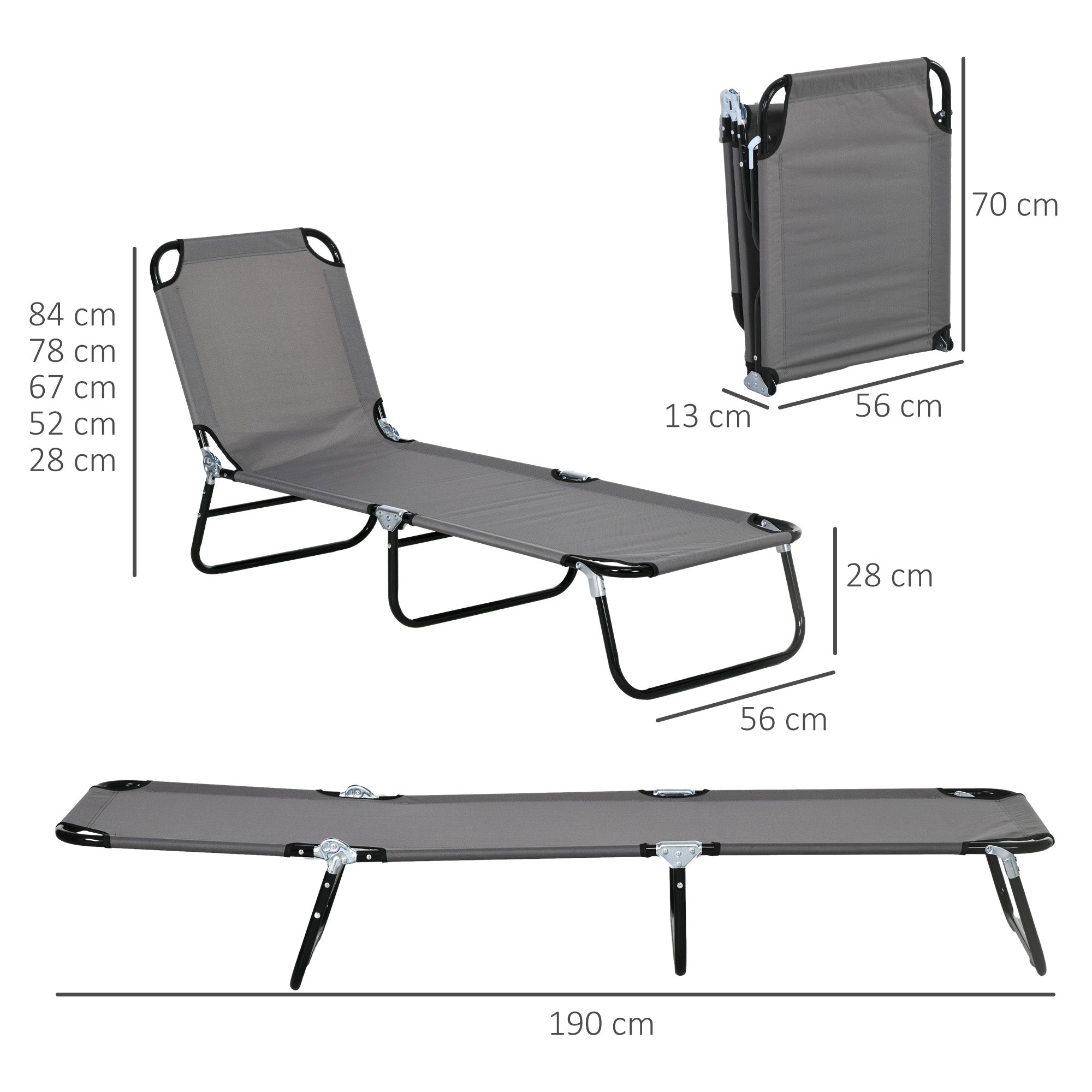 Outsunny Garden Sun Lounger, with Five-Position Back - Grey - North Peak Garden Furniture