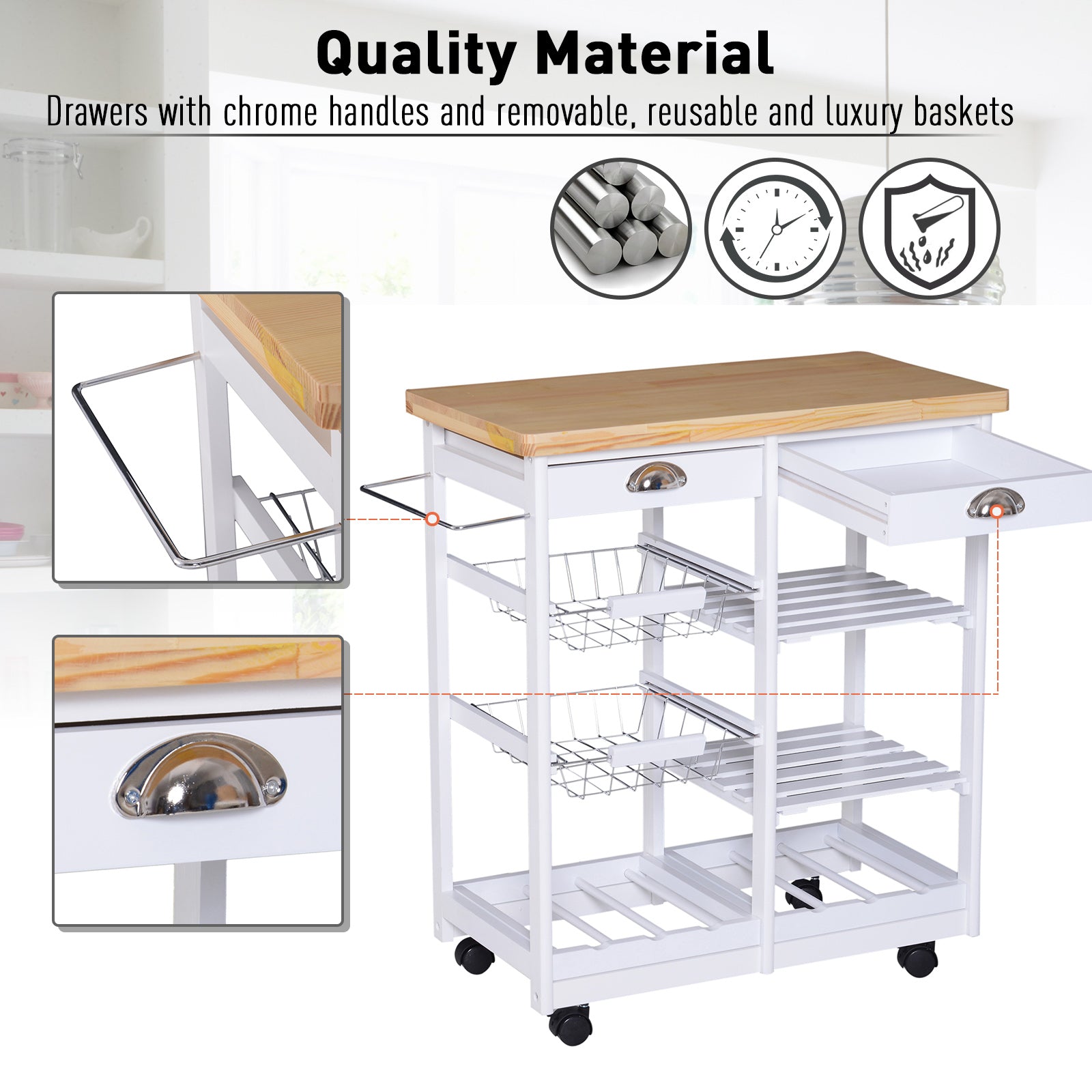 HOMCOM Rolling Kitchen Island Trolley Cart Drawer Shelves Basket Wheels W/  6 Bottle Wine Rack White