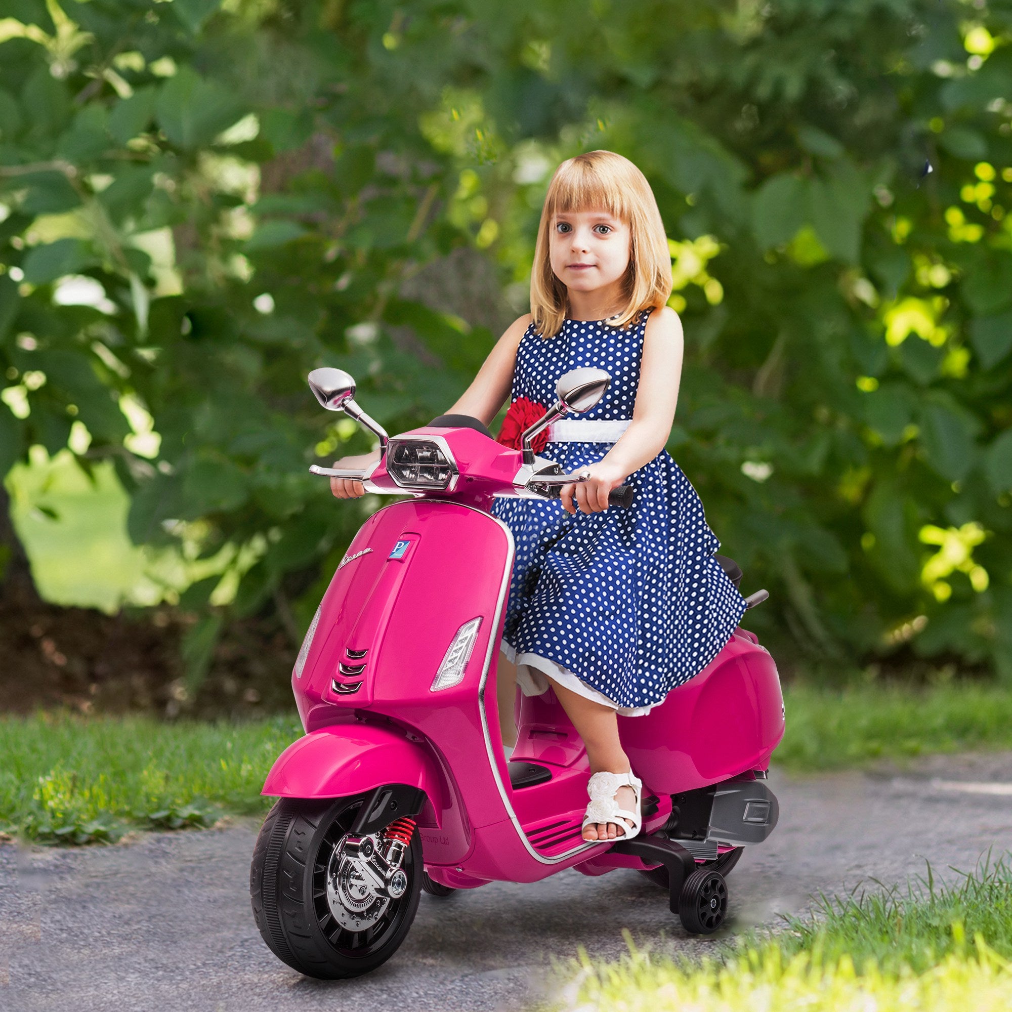AIYAPLAY 12V Vespa Licensed Kids Electric Motorbike w/ Music, Headlights, FM Radio, for 3-6 Years - Pink - North Peak Garden Furniture