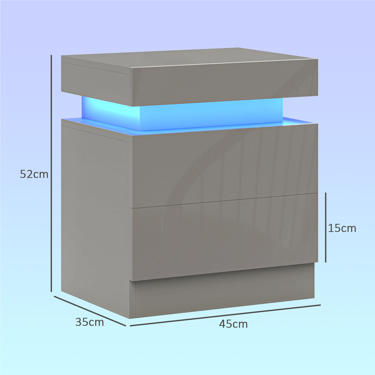 HOMCOM Grey Bedside Table with LED Light, High Gloss Front Nightstand with 2 Drawers, for Living Room, Bedroom