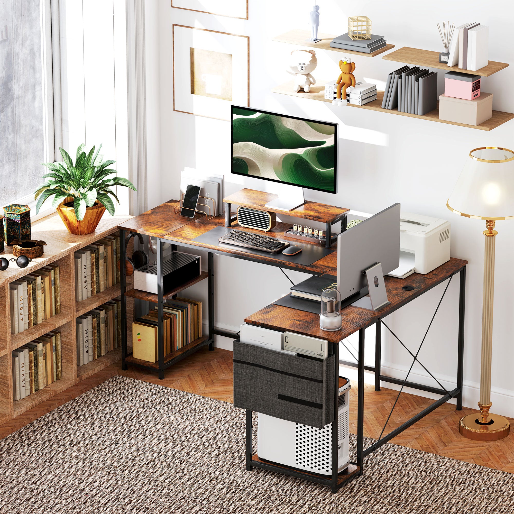 HOMCOM 168cm Reversible L Shaped Desk, Industrial Corner Computer Desk with Adjustable Shelf and Storage Bag, 240cm 2 Person Desk with Monitor Stand, Rustic Brown - North Peak Garden Furniture