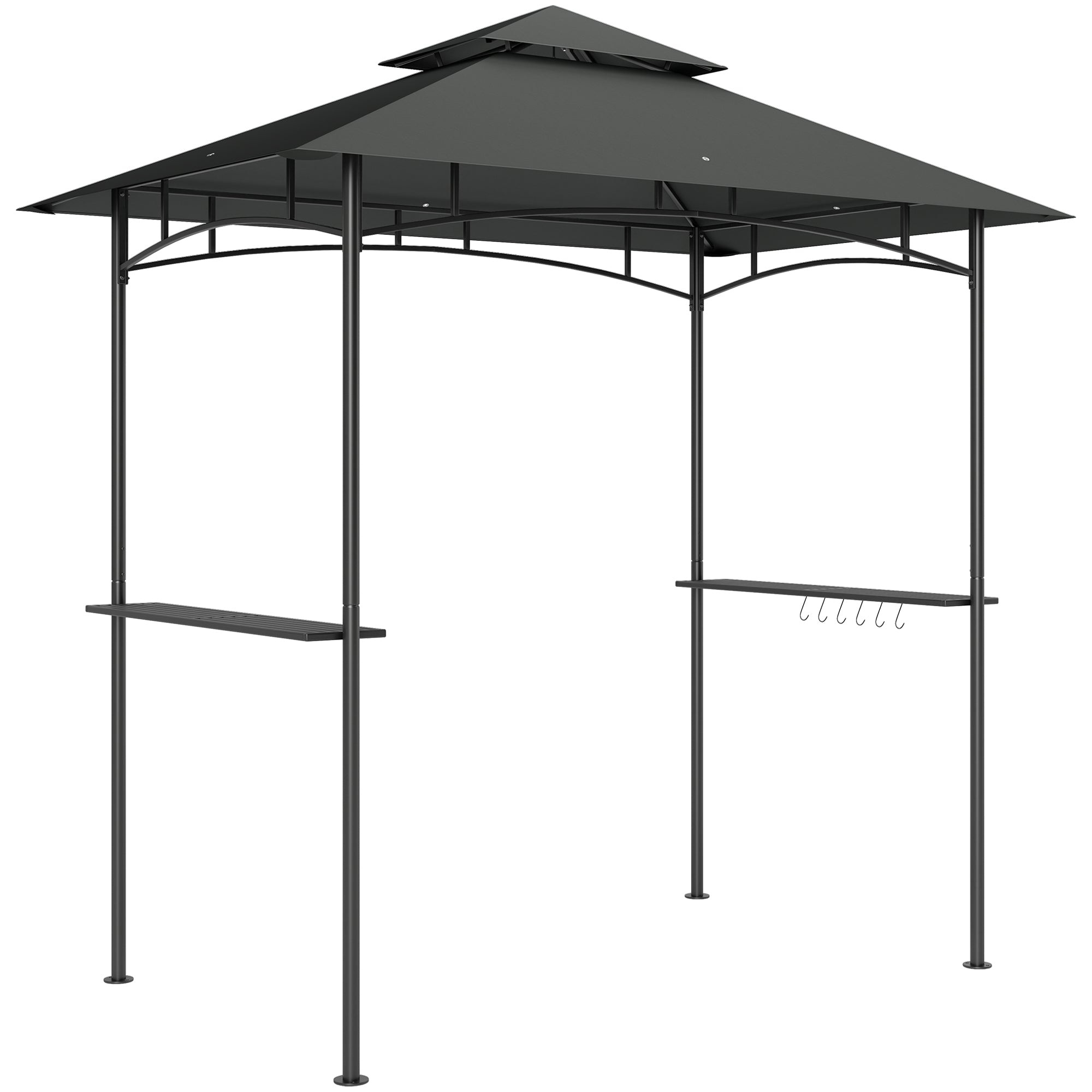 Outsunny 8' x 5' Grill Gazebo, Double Tiered BBQ Gazebo Shelter Canopy with LED Lights, 2 Side Shelves, Hooks, Dark Grey - North Peak Garden Furniture
