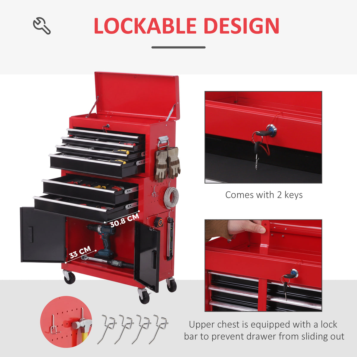 HOMCOM Tool Chest, Metal Tool Cabinet on Wheels with 6 Drawers, Pegboard, Top Chest and Roller Cabinet Combo, 61.6 x 33 x 108cm, Red